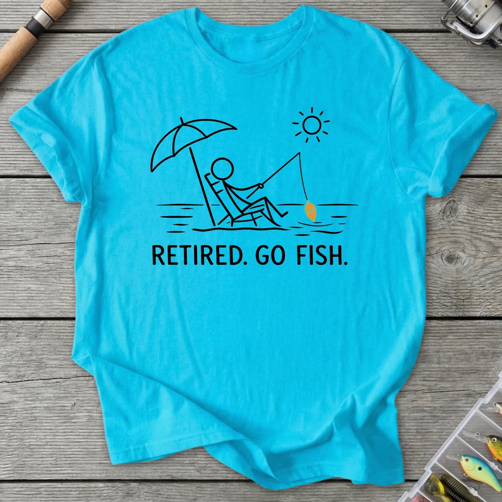 Retired Go Fish Fishing Humor T-Shirt in Sky | River Giants Club