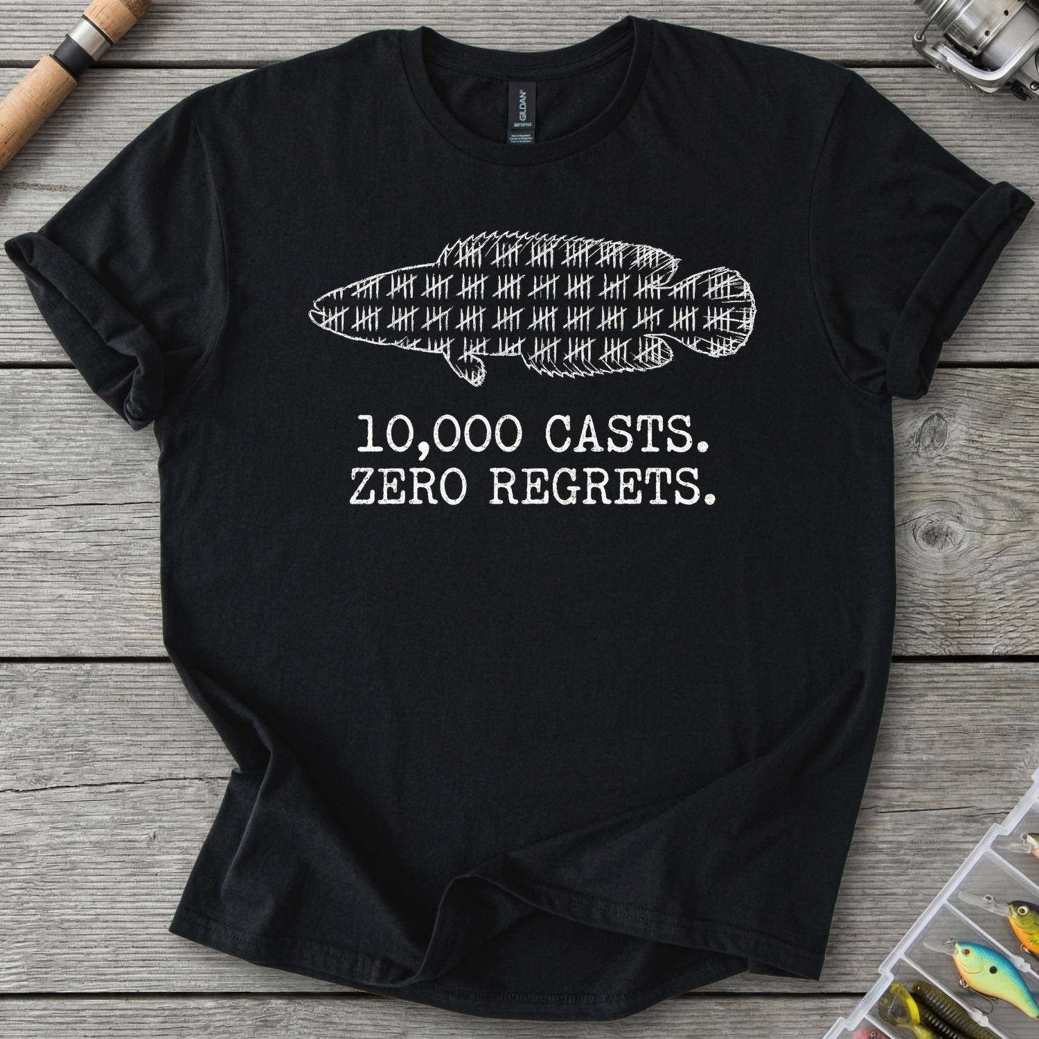 10,000 Casts Fishing T-Shirt — Black | River Giants Club