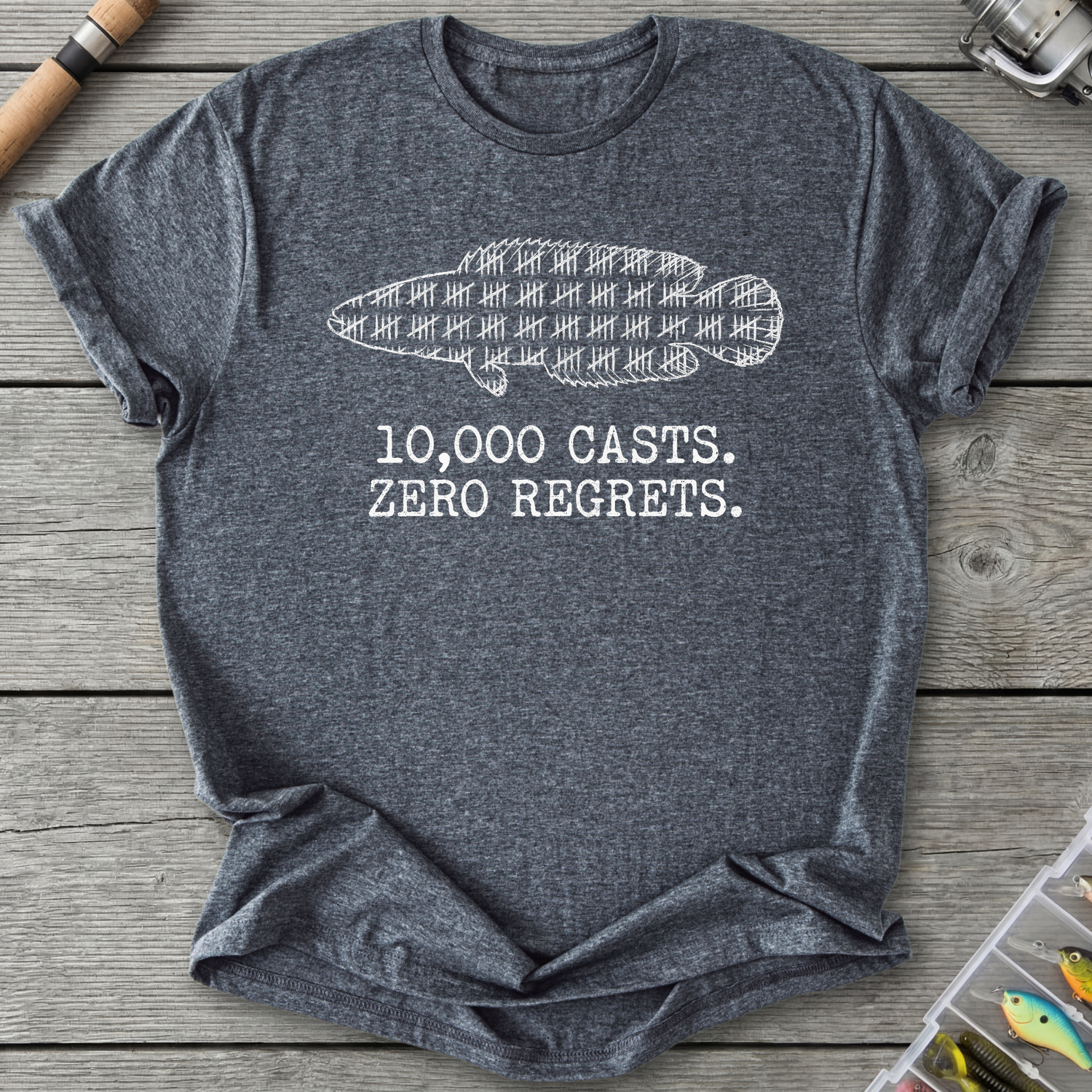 10,000 Casts Fishing T-Shirt — Dark Heather | River Giants Club