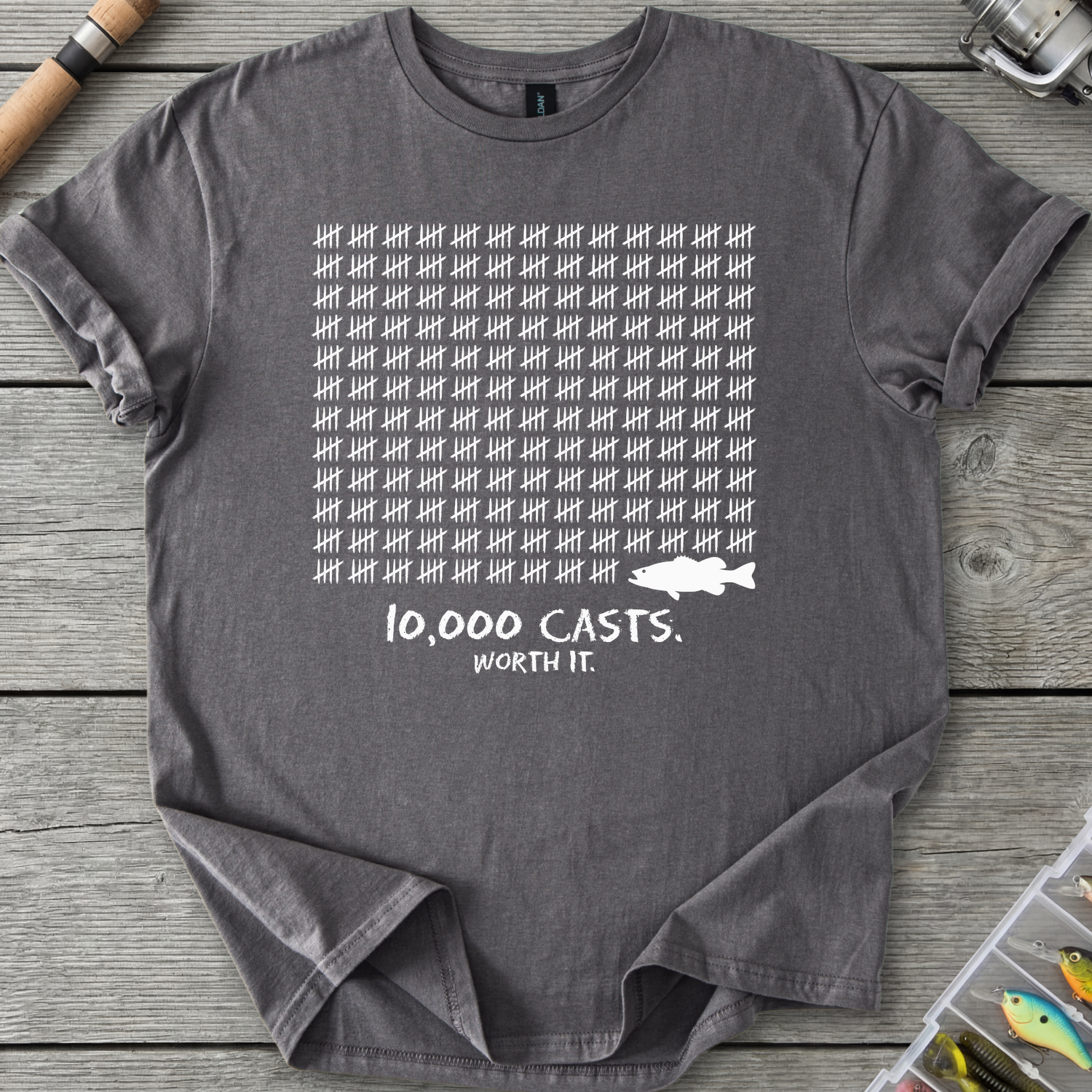 10,000 Casts Worth It T-Shirt — Charcoal | River Giants Club