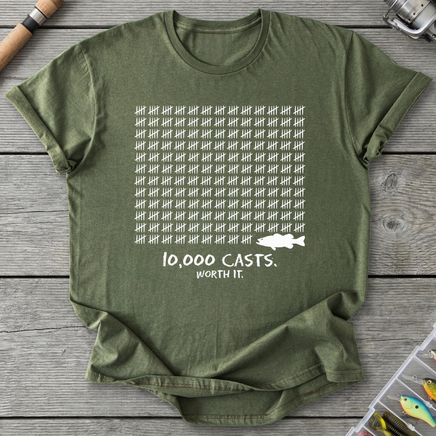 10,000 Casts Worth It T-Shirt — Military Green | River Giants Club