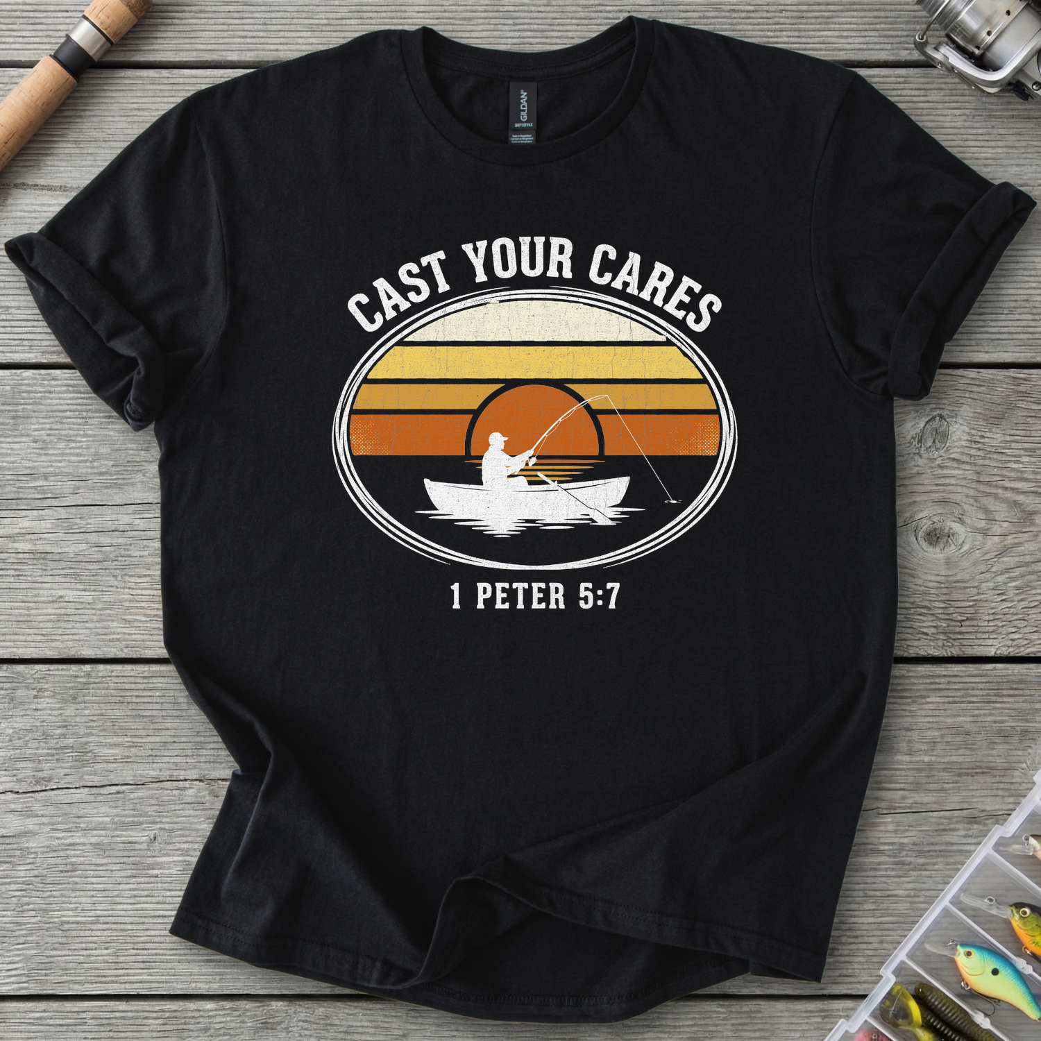 Cast Your Cares Fishing T-Shirt — Black | River Giants Club