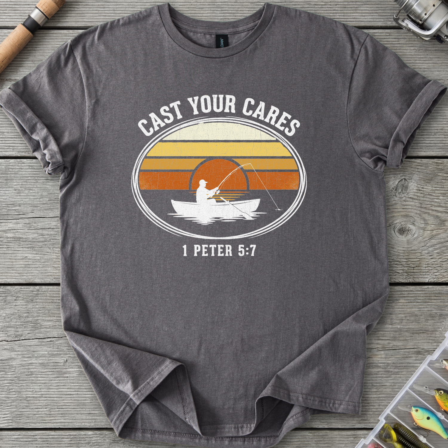 Cast Your Cares Fishing T-Shirt — Charcoal | River Giants Club
