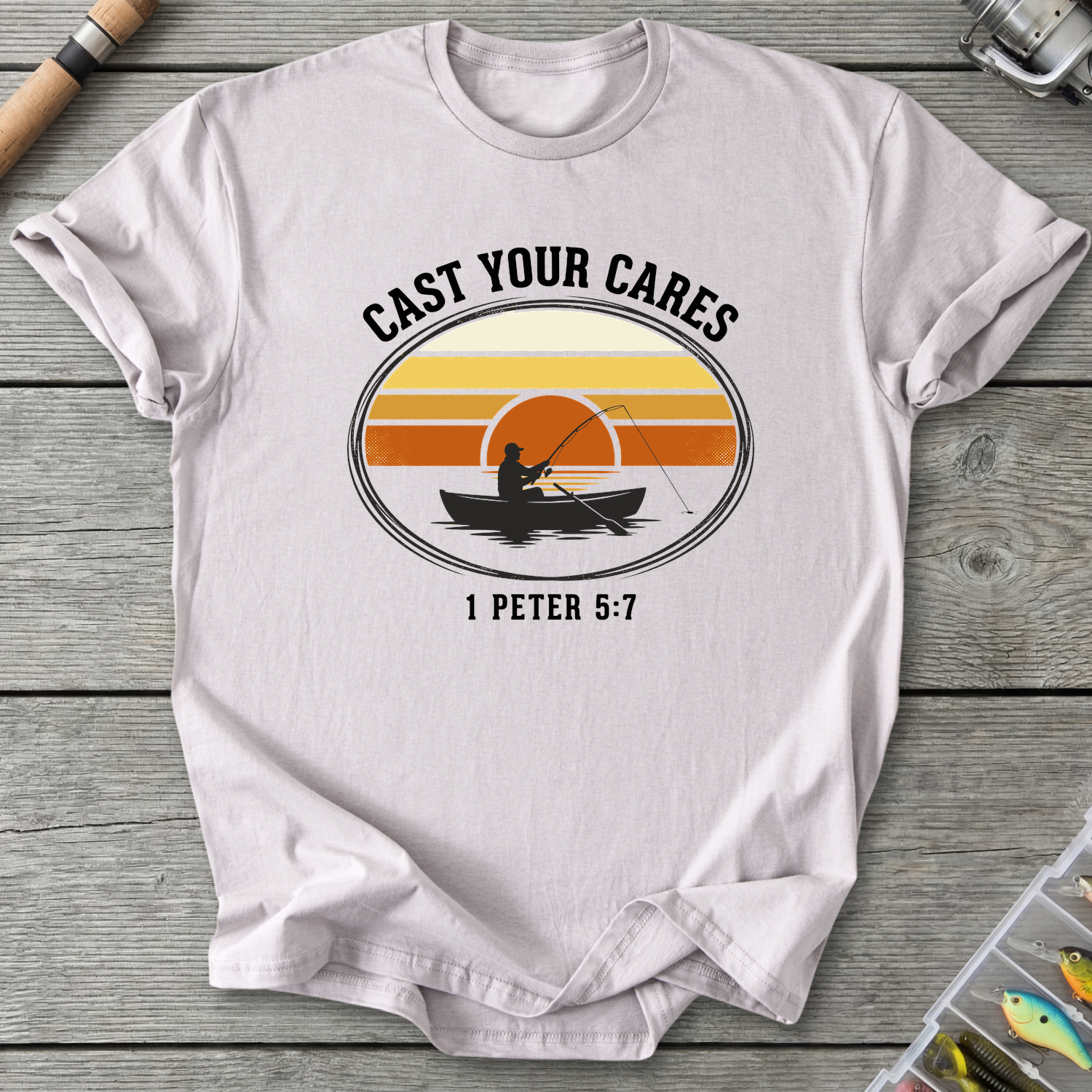 Cast Your Cares Fishing T-Shirt — Ice Grey | River Giants Club