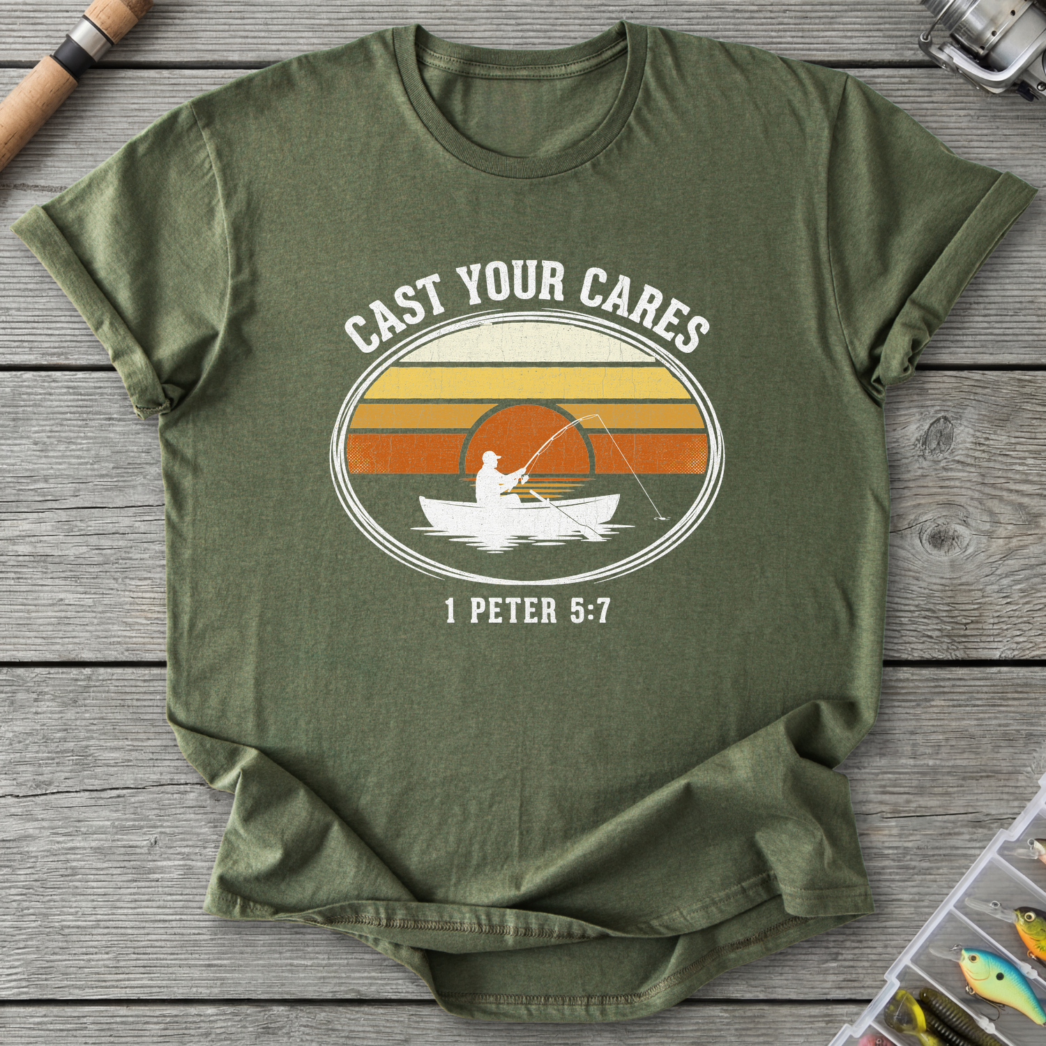 Cast Your Cares Fishing T-Shirt — Military Green | River Giants Club