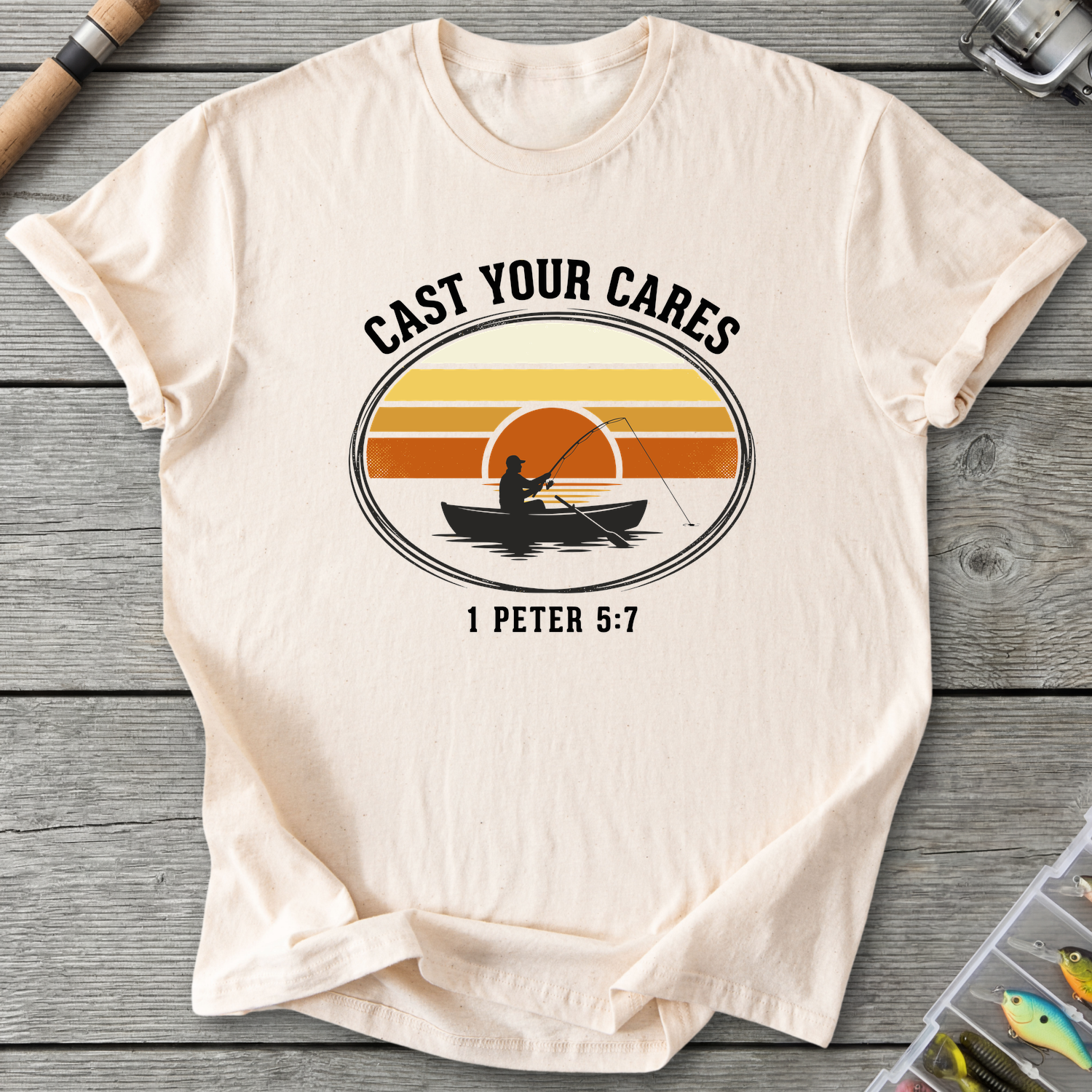 Cast Your Cares Fishing T-Shirt — Natural | River Giants Club
