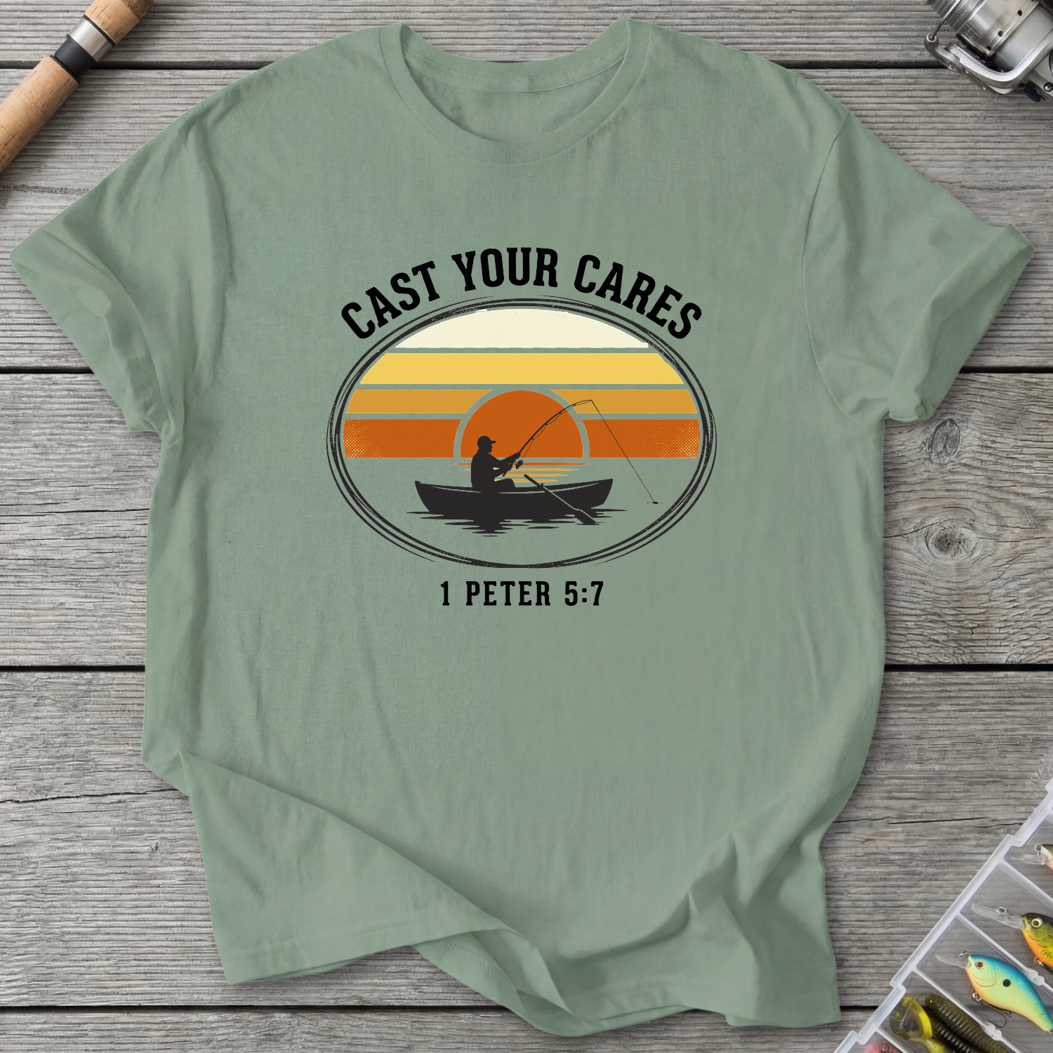 Cast Your Cares Fishing T-Shirt — Sage | River Giants Club