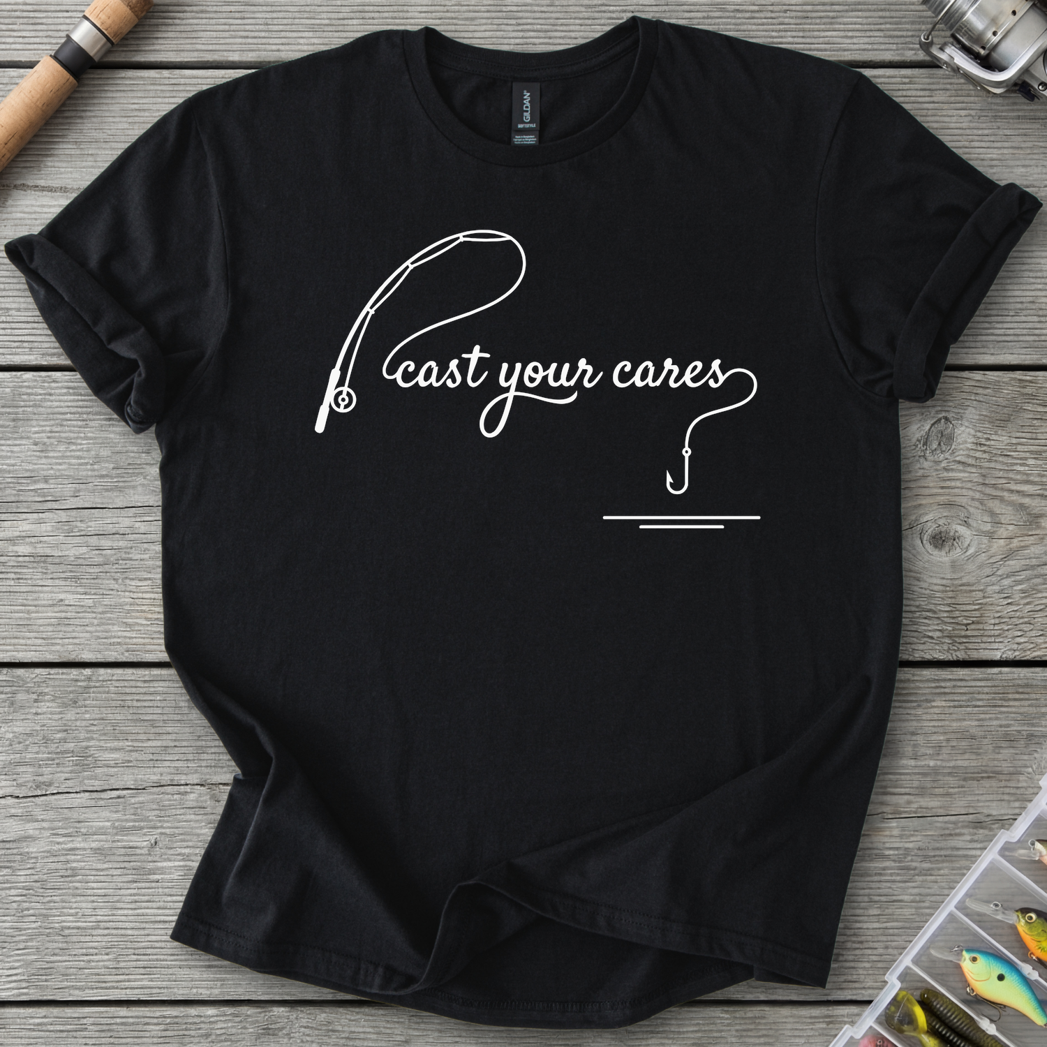 Cast Your Cares Minimalist T-Shirt — Black | River Giants Club