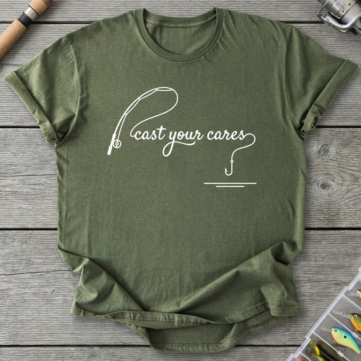 Cast Your Cares Minimalist T-Shirt — Military Green | River Giants Club