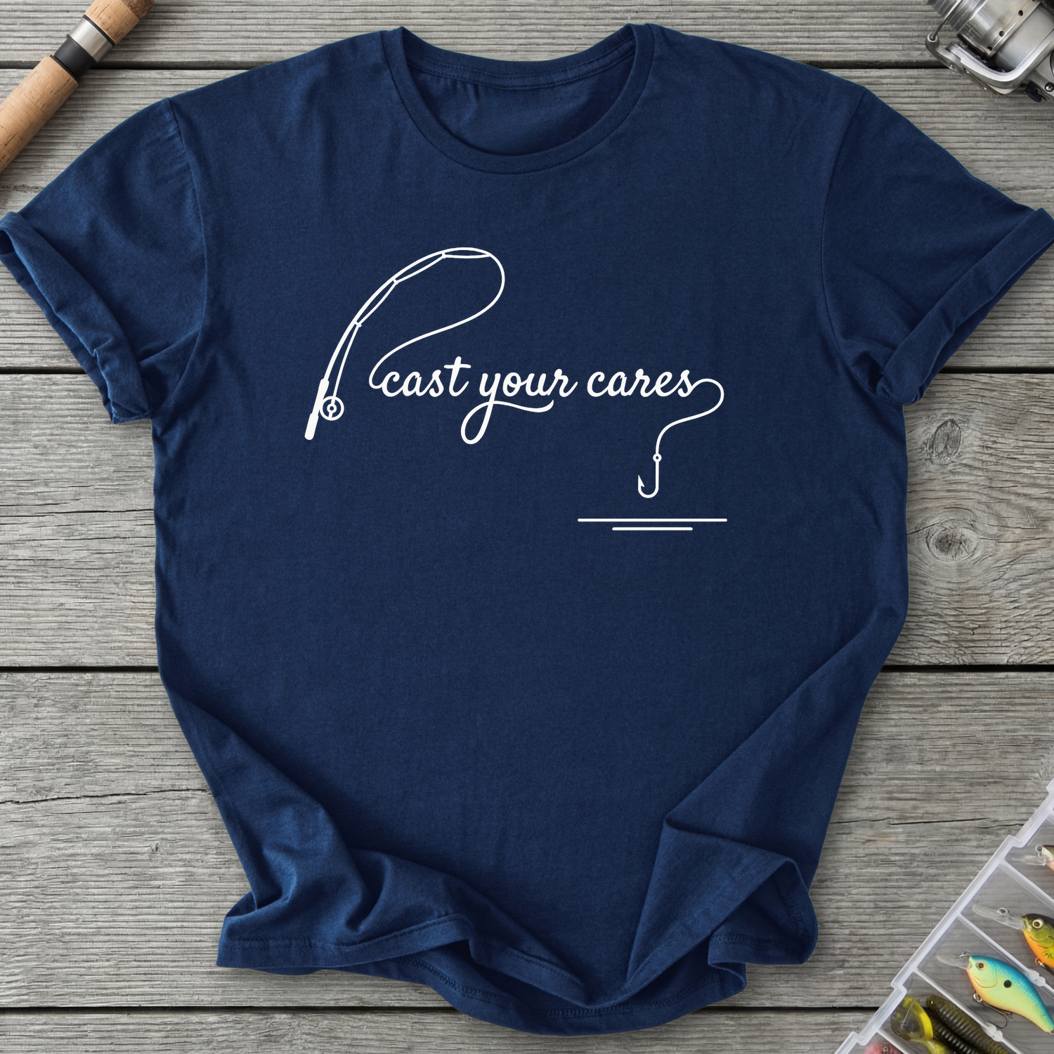 Cast Your Cares Minimalist T-Shirt — Navy | River Giants Club