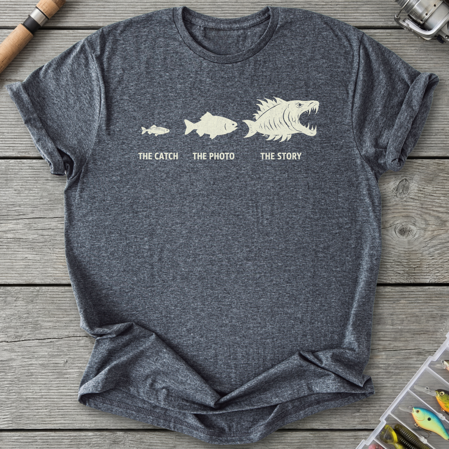 Evolution of Fishing Story T-Shirt — Dark Heather | River Giants Club