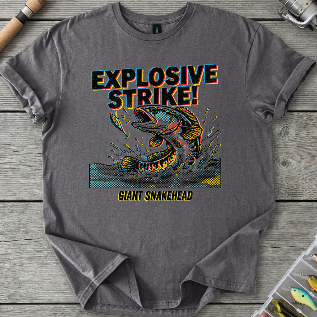 Explosive Strike! Giant Snakehead Fishing T-Shirt — Charcoal | River Giants Club