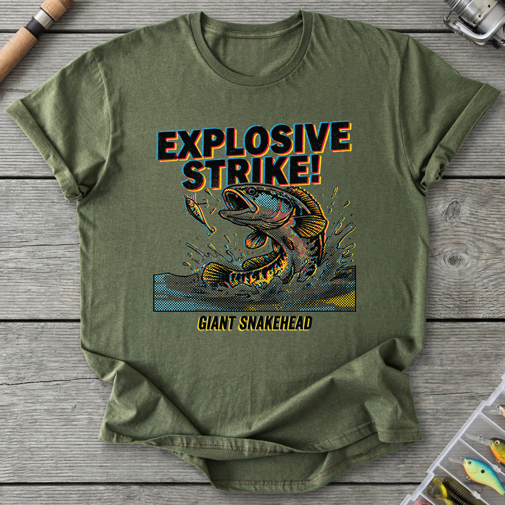 Explosive Strike! Giant Snakehead Fishing T-Shirt — Military Green | River Giants Club