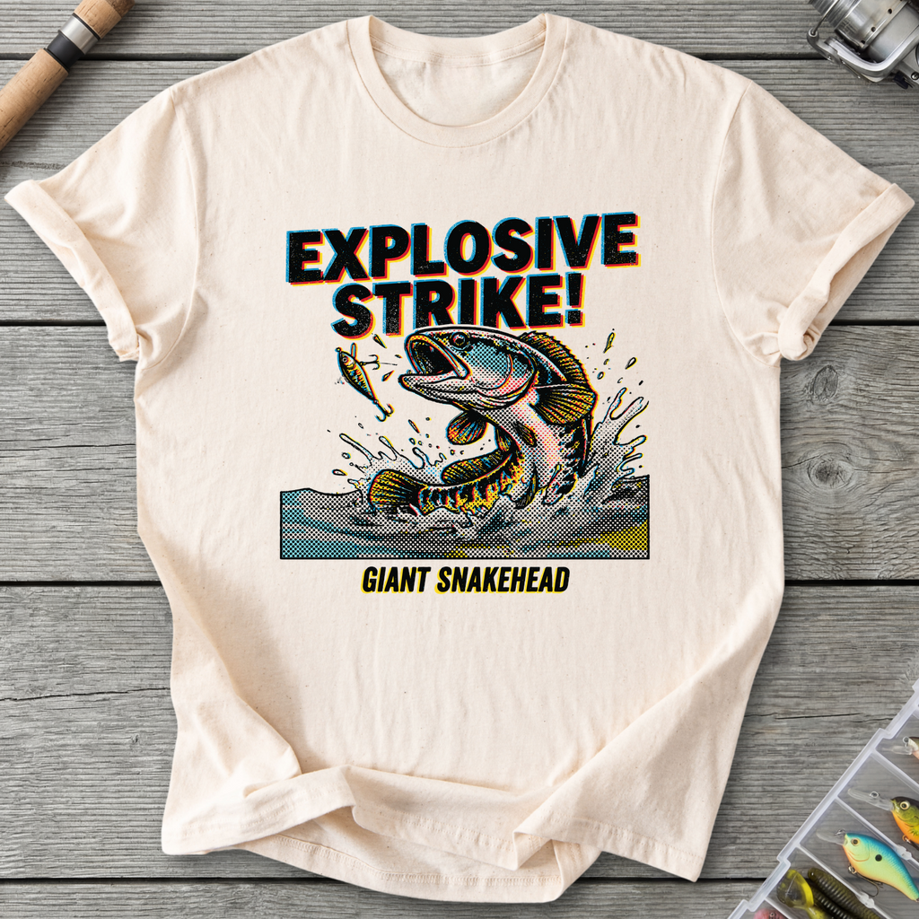 Explosive Strike! Giant Snakehead Fishing T-Shirt — Natural | River Giants Club