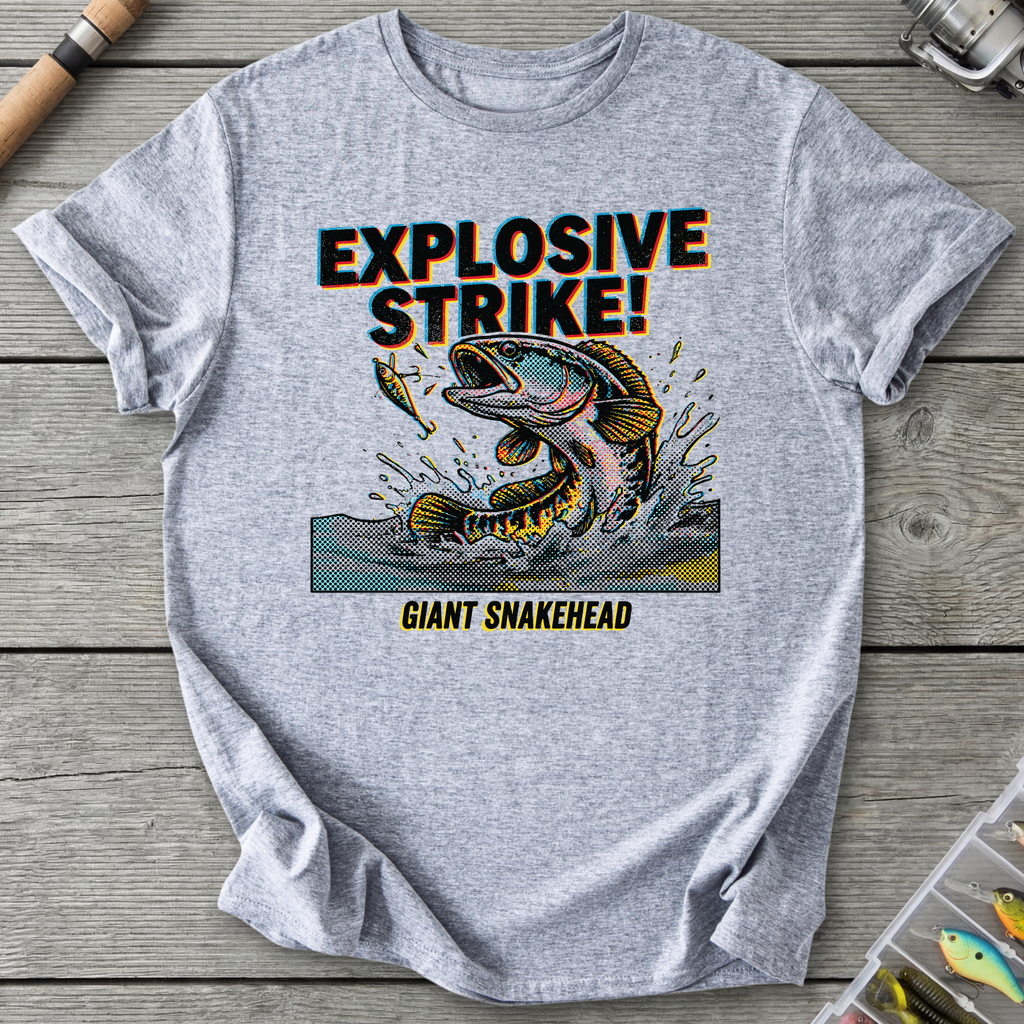 Explosive Strike! Giant Snakehead Fishing T-Shirt — Sport Grey | River Giants Club