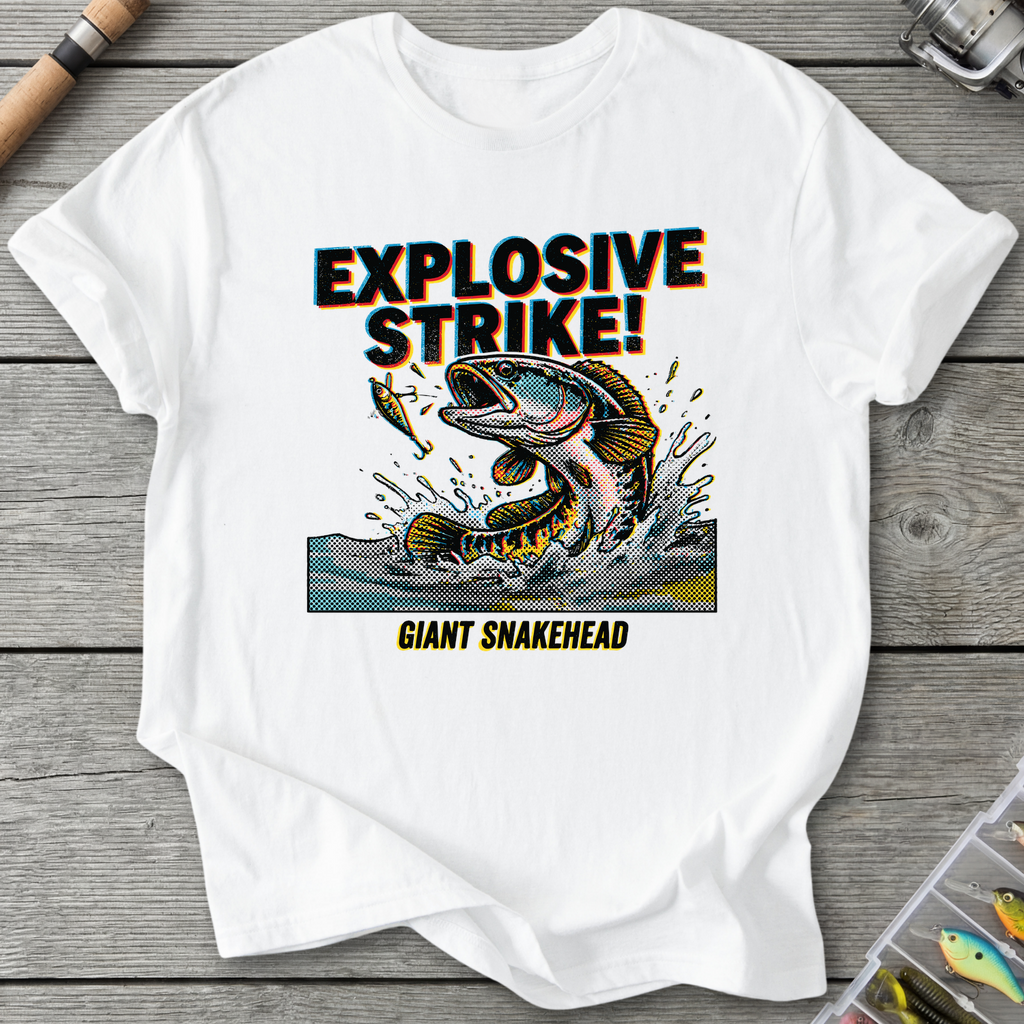 Explosive Strike! Giant Snakehead Fishing T-Shirt — White | River Giants Club