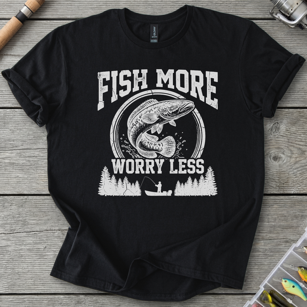 Fish More Worry Less T-Shirt — Black | River Giants Club