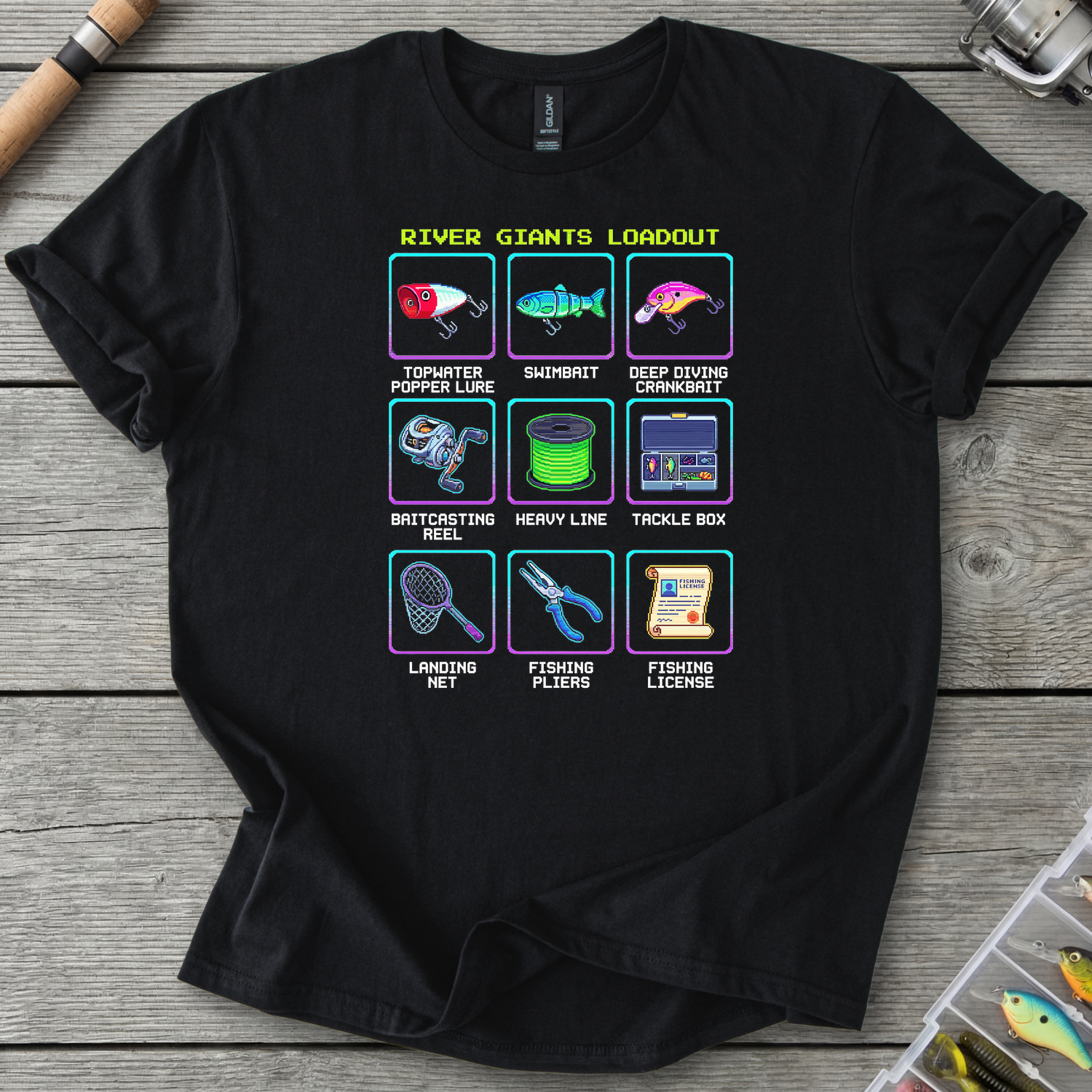 Fishing Gear Cheat Sheet T‑Shirt — Black | River Giants Club