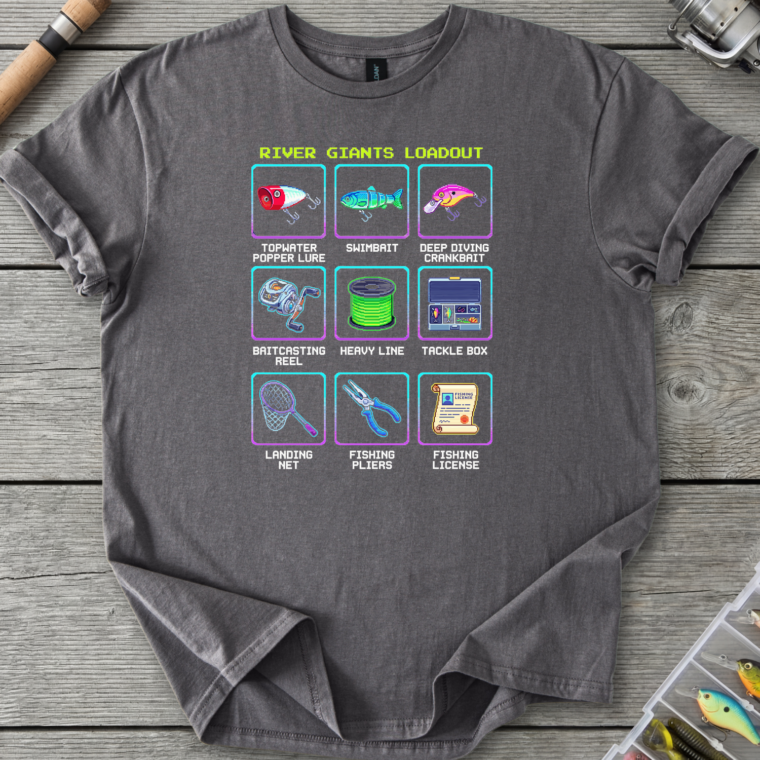 Fishing Gear Cheat Sheet T‑Shirt — Charcoal | River Giants Club