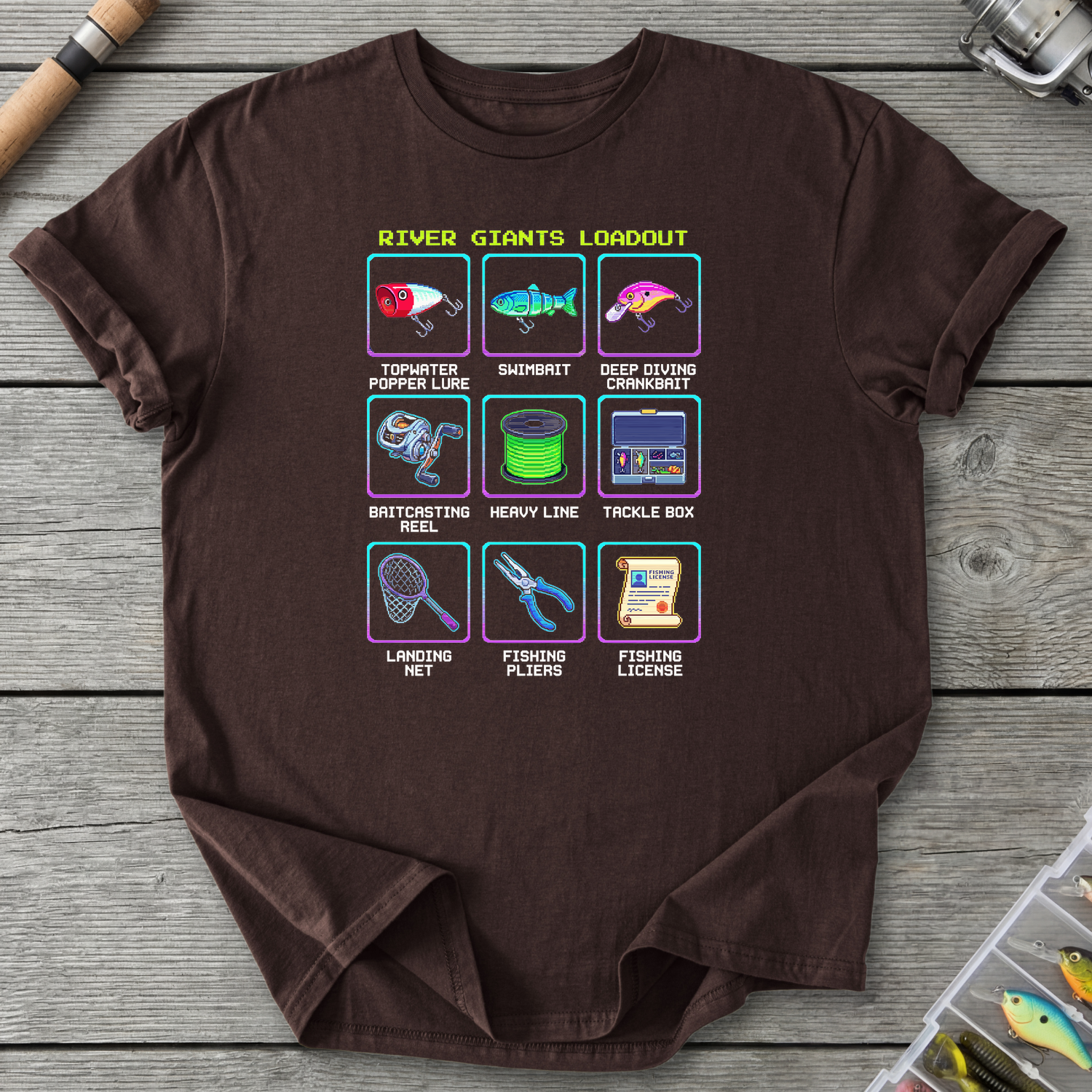 Fishing Gear Cheat Sheet T‑Shirt — Dark Chocolate | River Giants Club