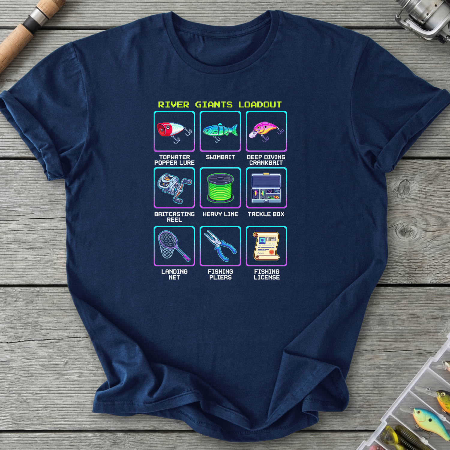 Fishing Gear Cheat Sheet T‑Shirt — Navy | River Giants Club