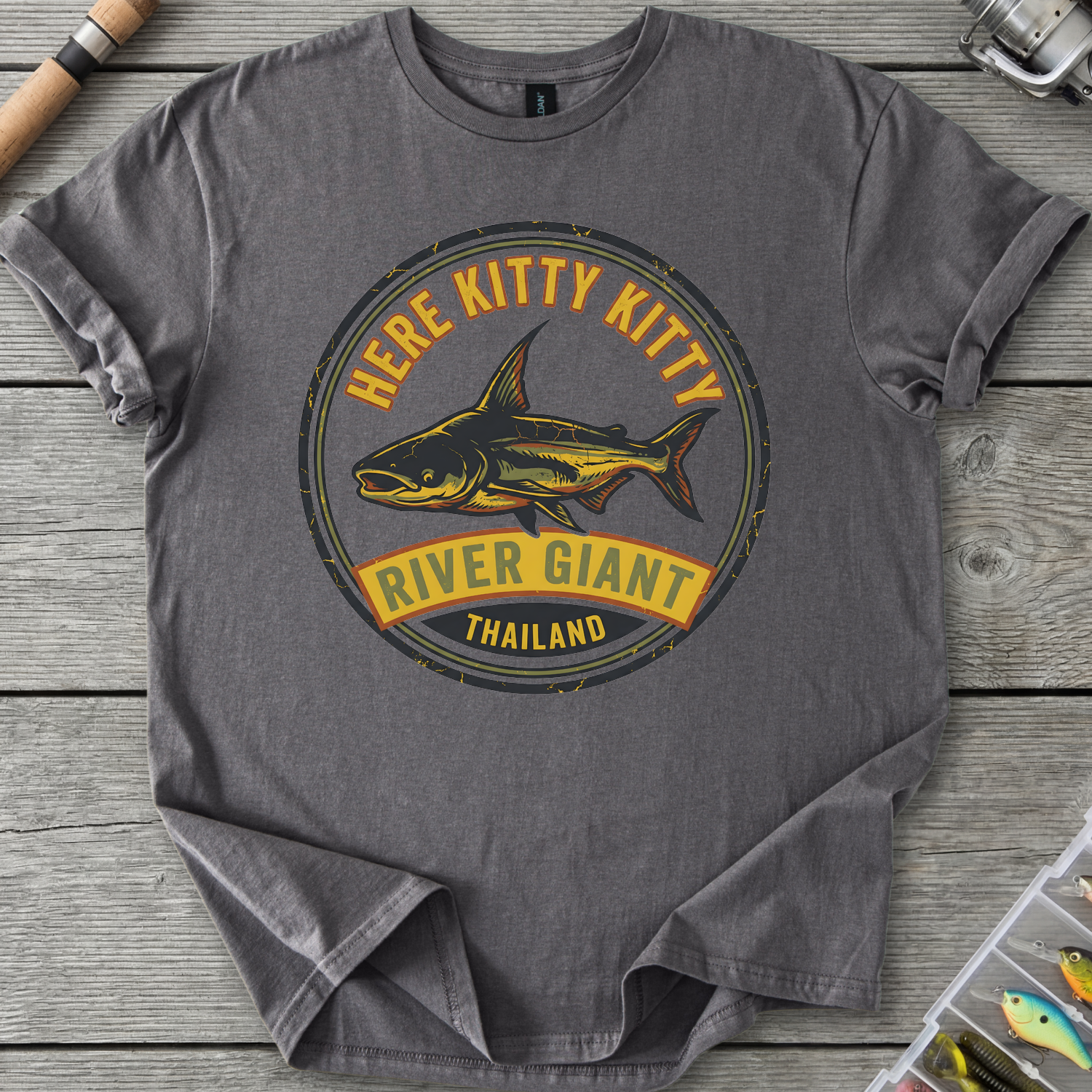 Here Kitty Catfish T-Shirt — Charcoal | River Giants Club