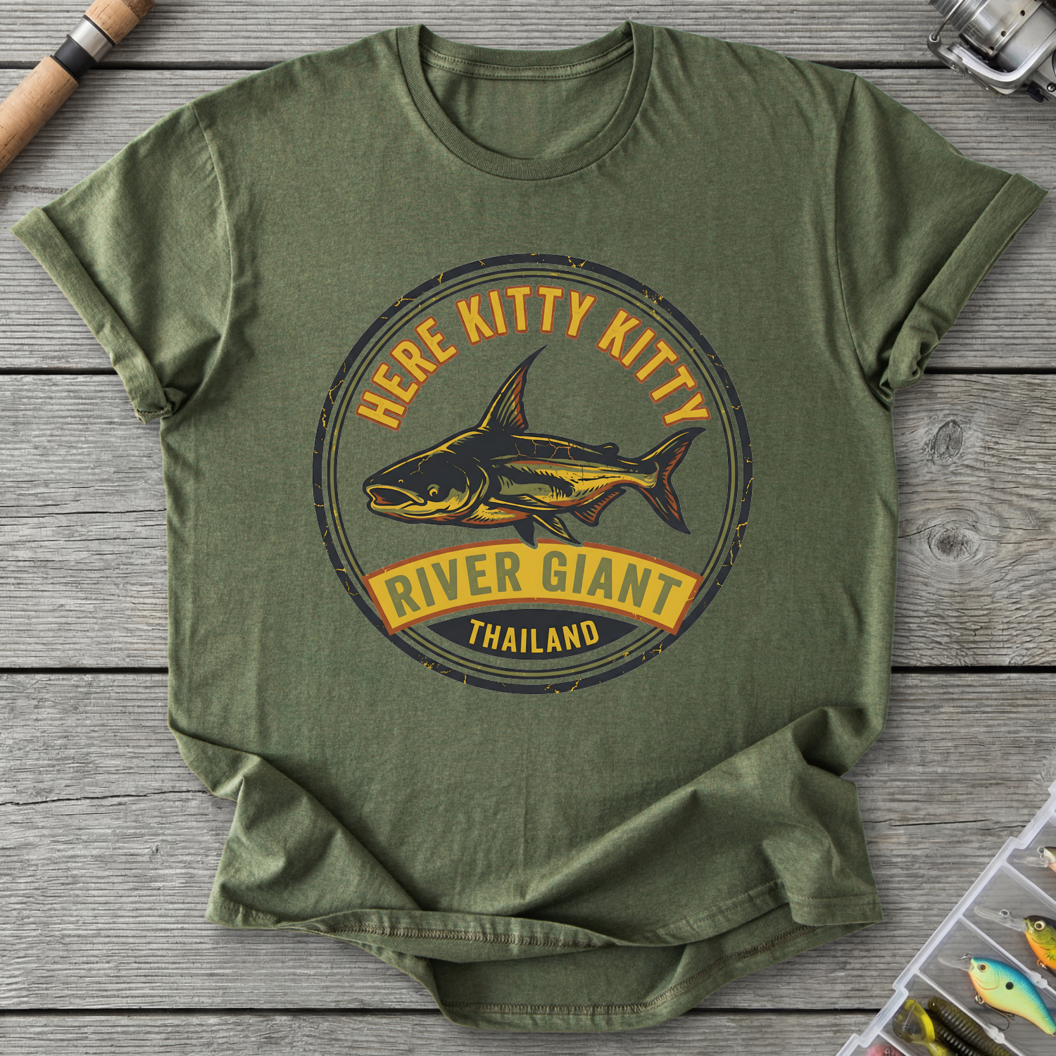 Here Kitty Catfish T-Shirt — Military Green | River Giants Club