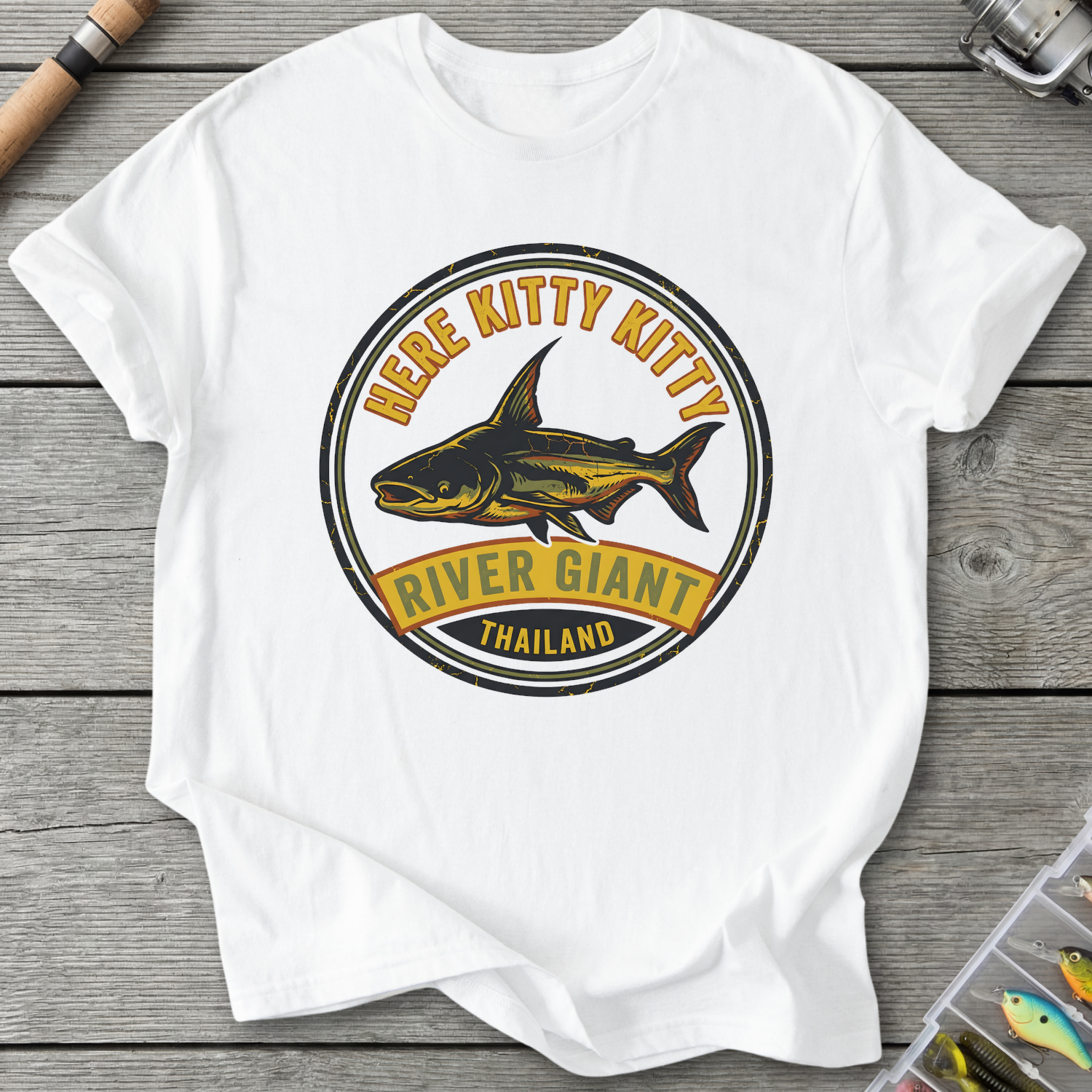 Here Kitty Catfish T-Shirt — White | River Giants Club