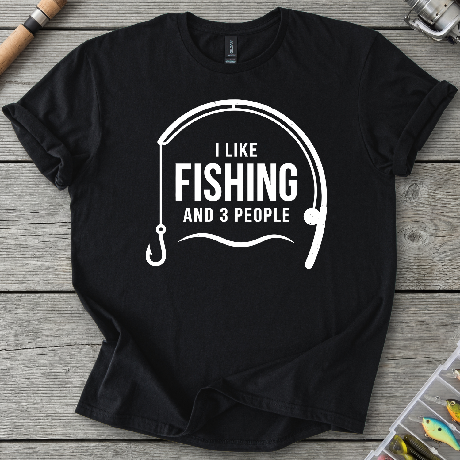 I Like Fishing and 3 People T-Shirt — Black | River Giants Club
