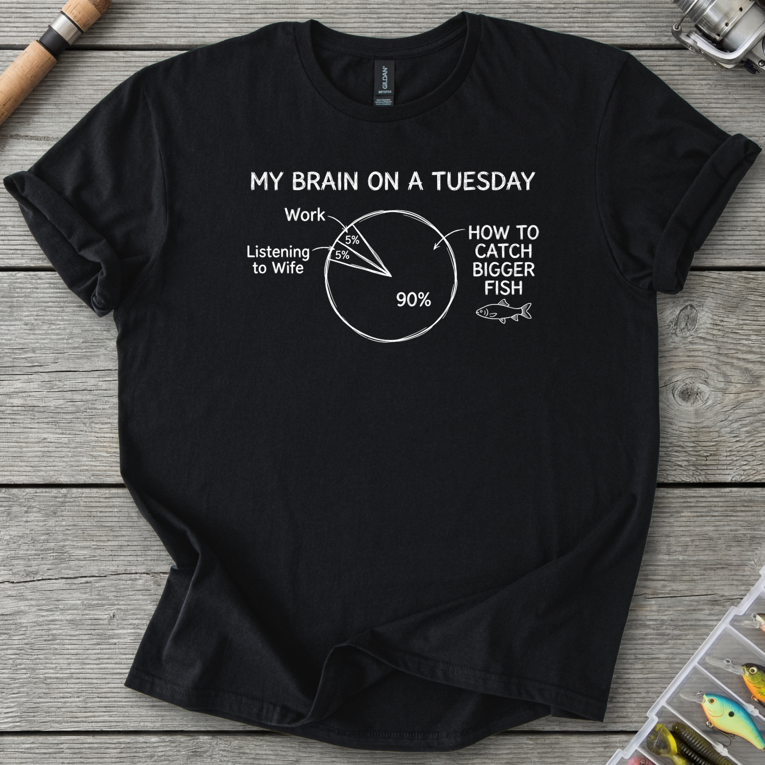 My Brain on a Tuesday Fishing T-Shirt — Black | River Giants Club