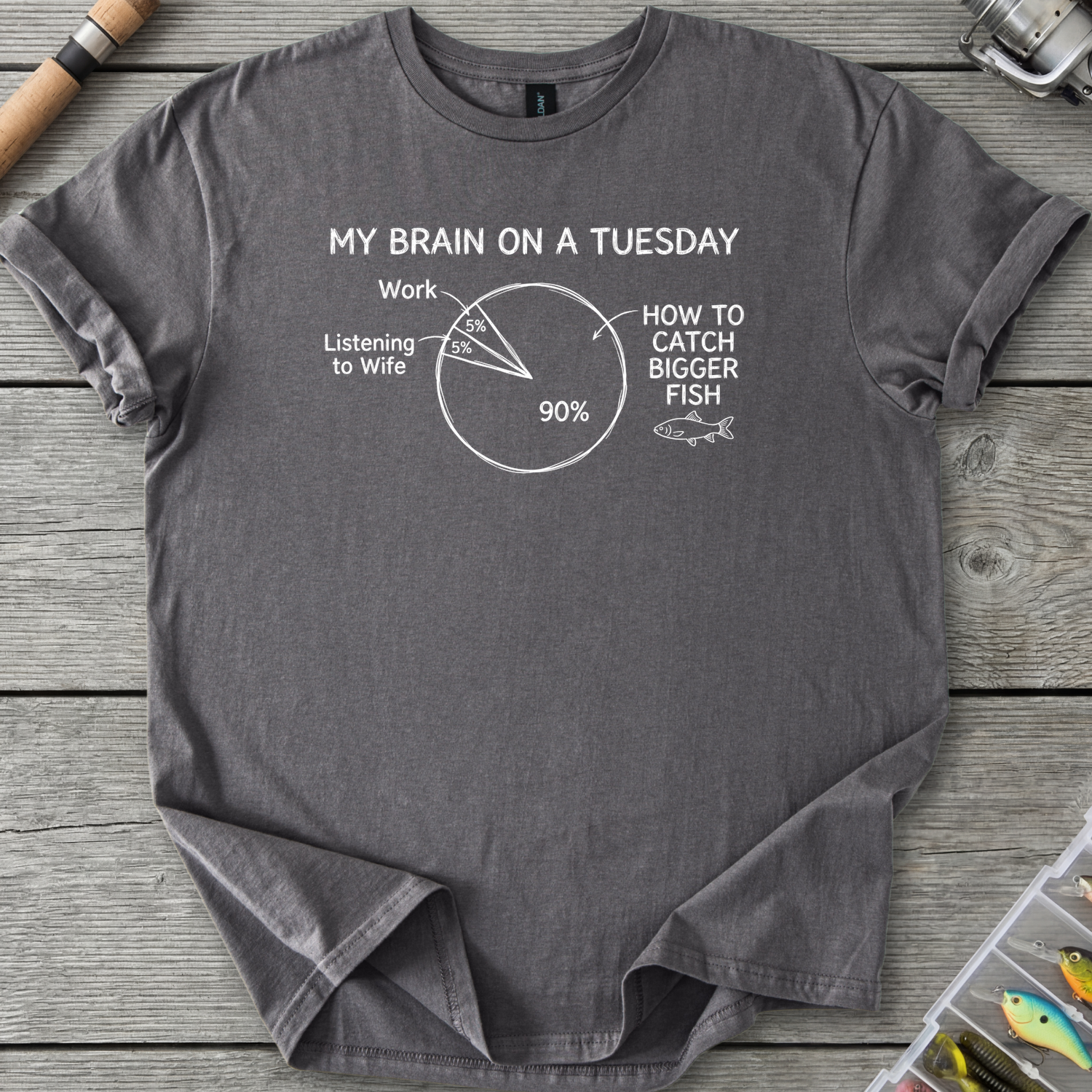 My Brain on a Tuesday Fishing T-Shirt — Charcoal | River Giants Club