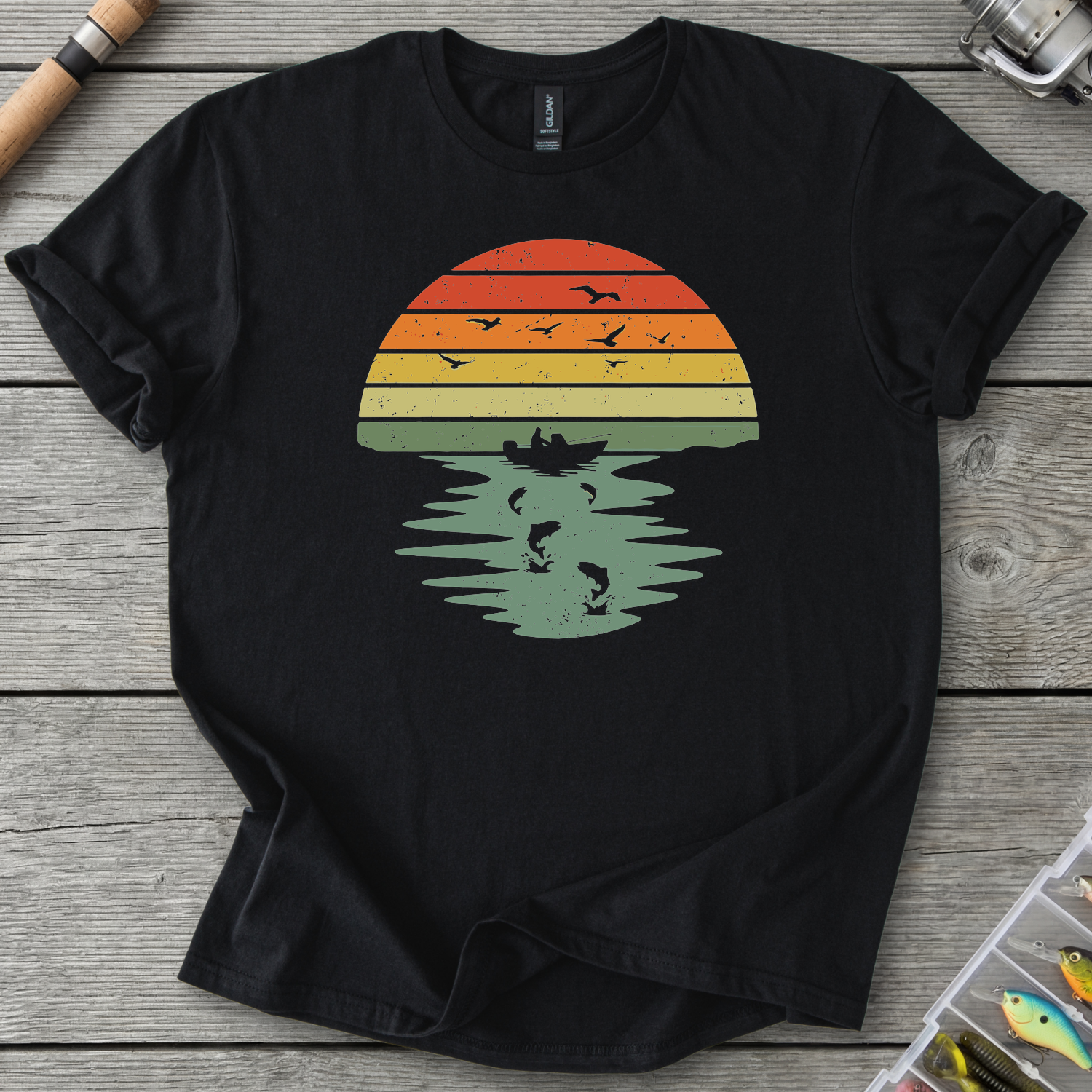Retro Fishing Sunset T-Shirt — Black | River Giants Club