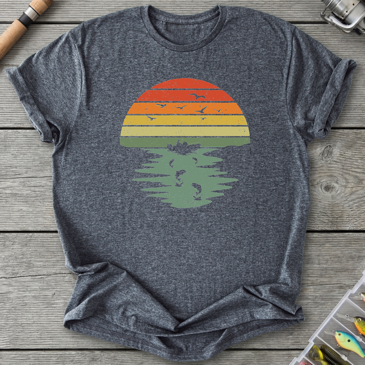 Retro Fishing Sunset T-Shirt — Dark Heather | River Giants Club