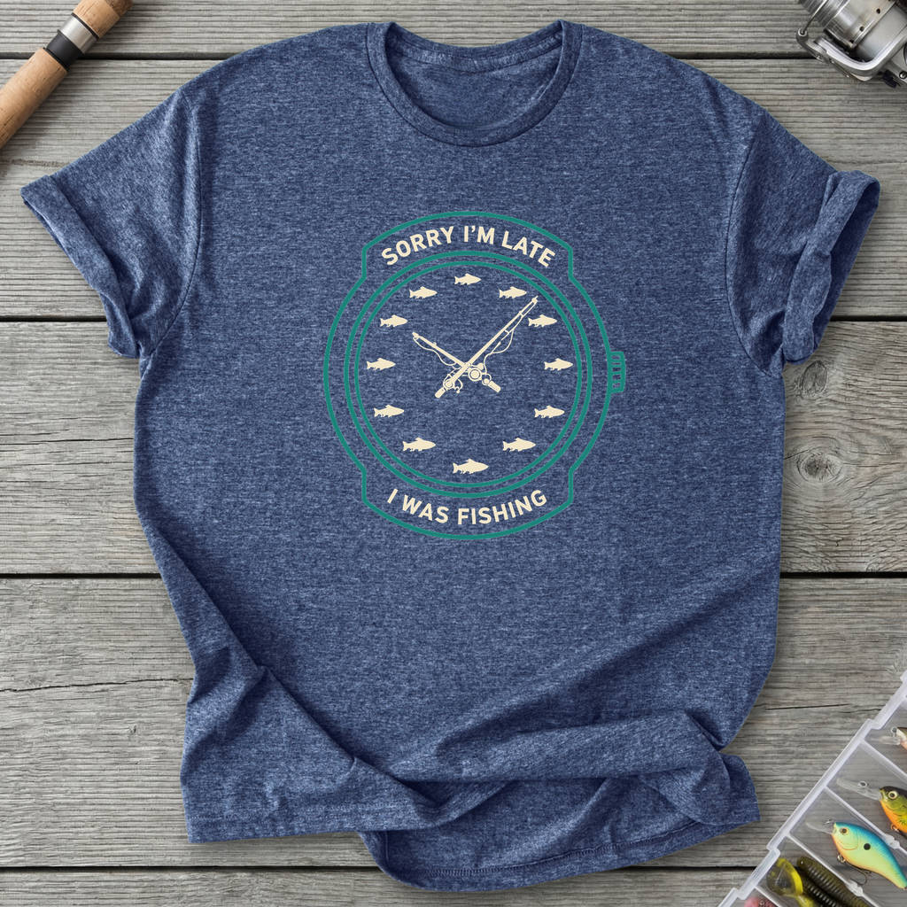 Sorry I’m Late I Was Fishing T-Shirt — Heather Navy | River Giants Club