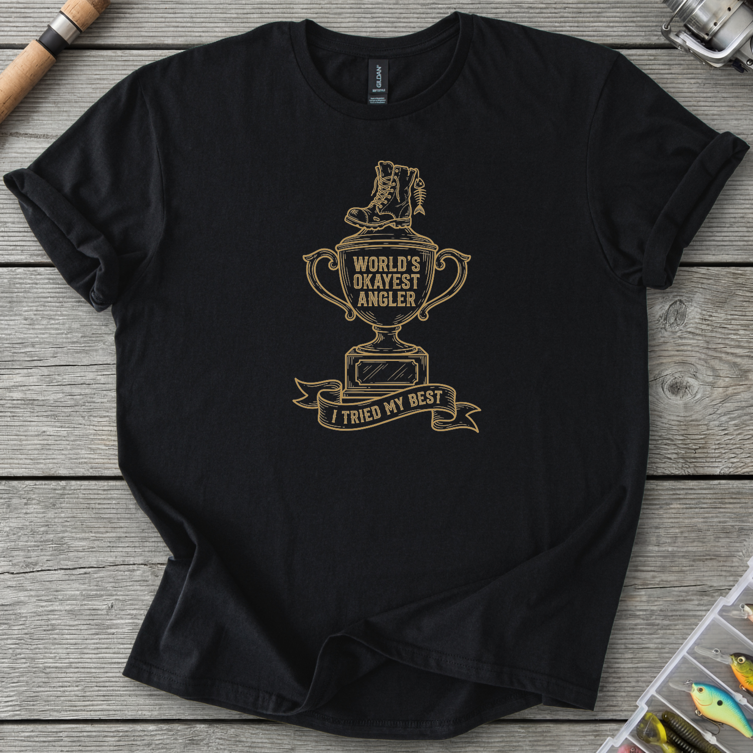 World's Okayest Angler T-Shirt — Black | River Giants Club