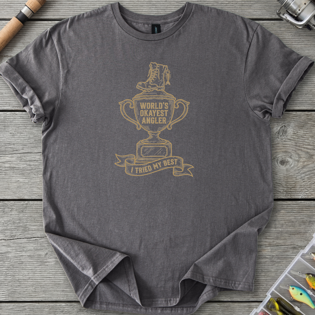 World's Okayest Angler T-Shirt — Charcoal | River Giants Club