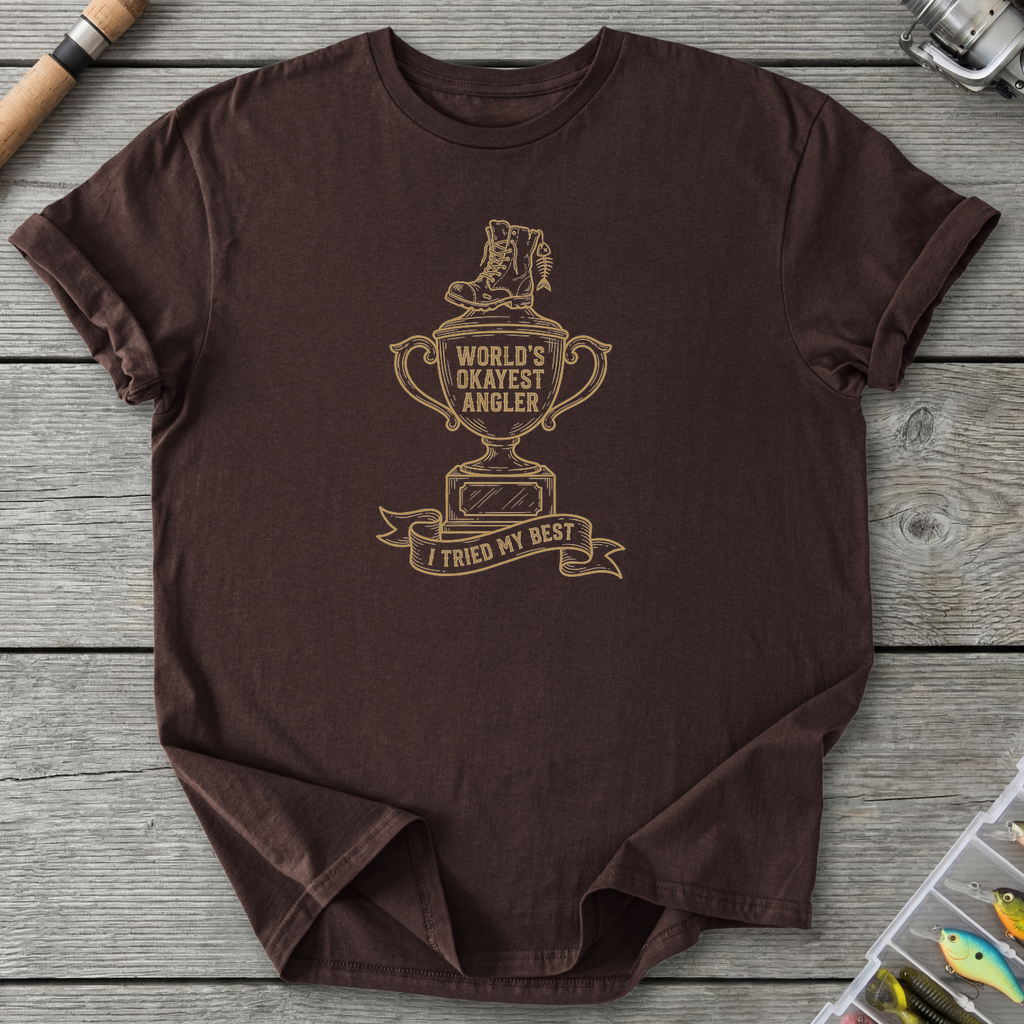 World's Okayest Angler T-Shirt — Dark Chocolate | River Giants Club