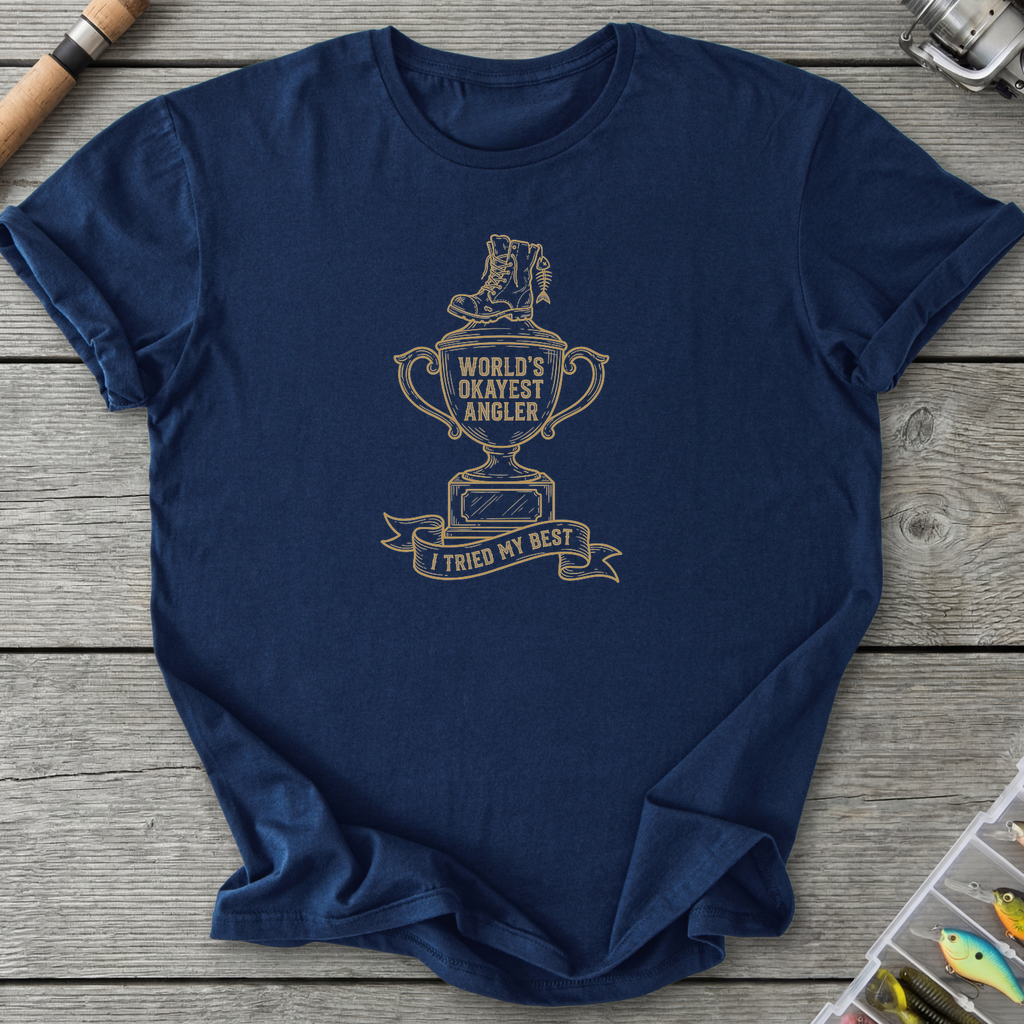 World's Okayest Angler T-Shirt — Navy | River Giants Club
