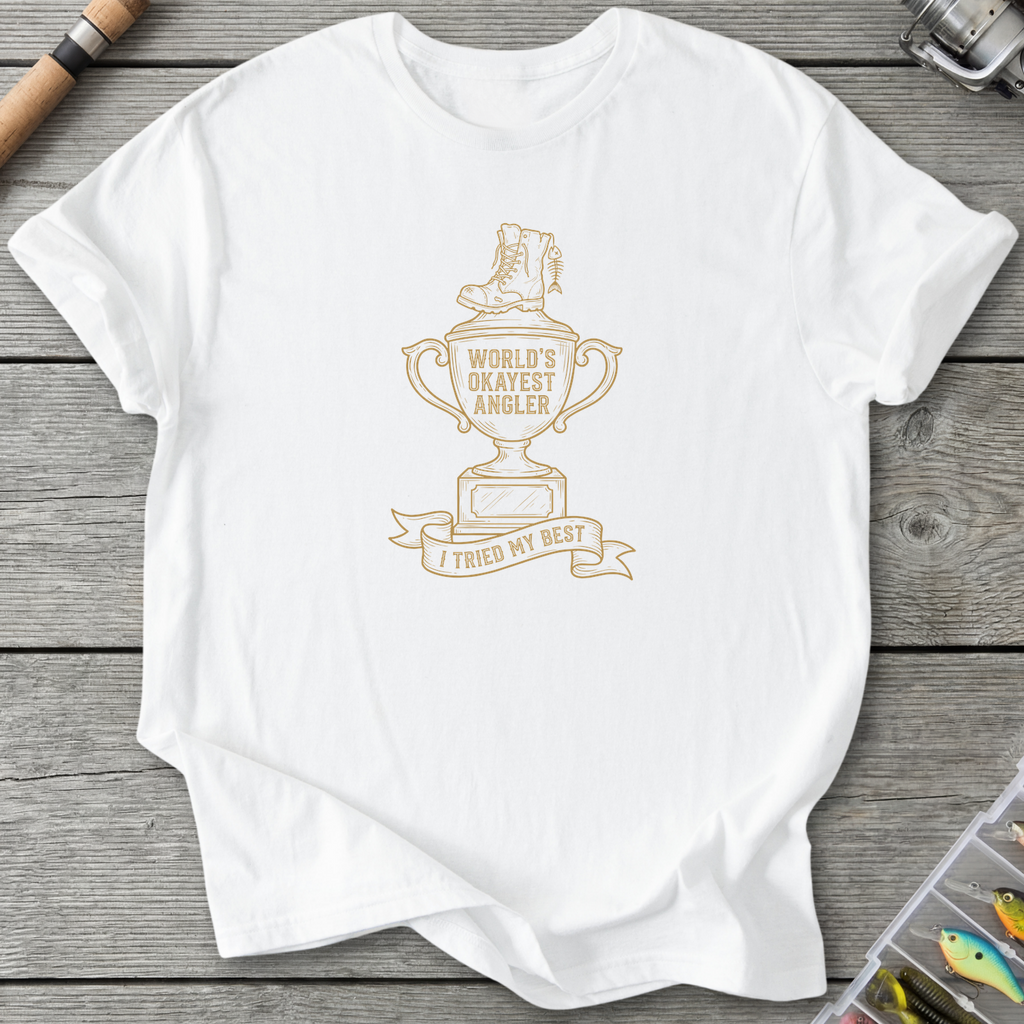 World's Okayest Angler T-Shirt — White | River Giants Club