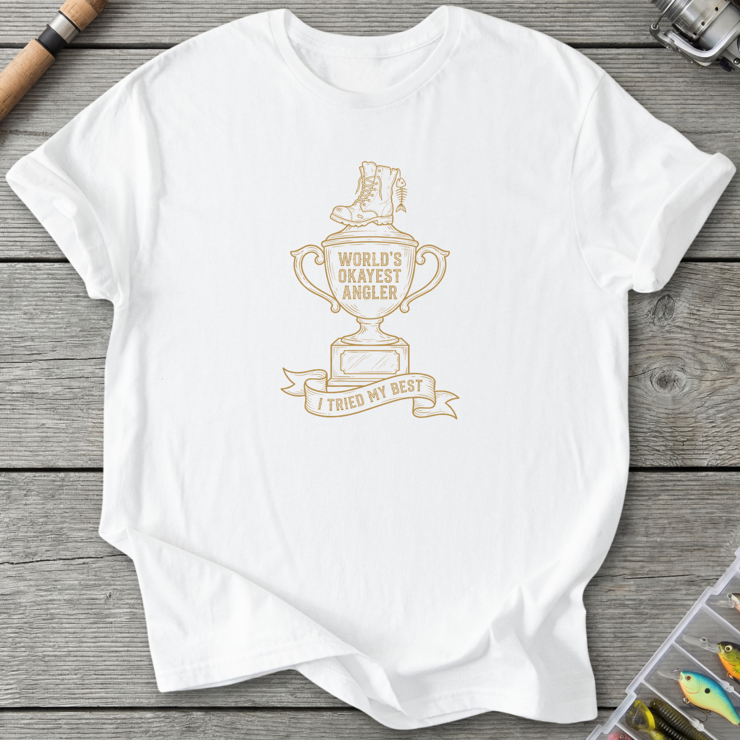 World's Okayest Angler T-Shirt — White | River Giants Club