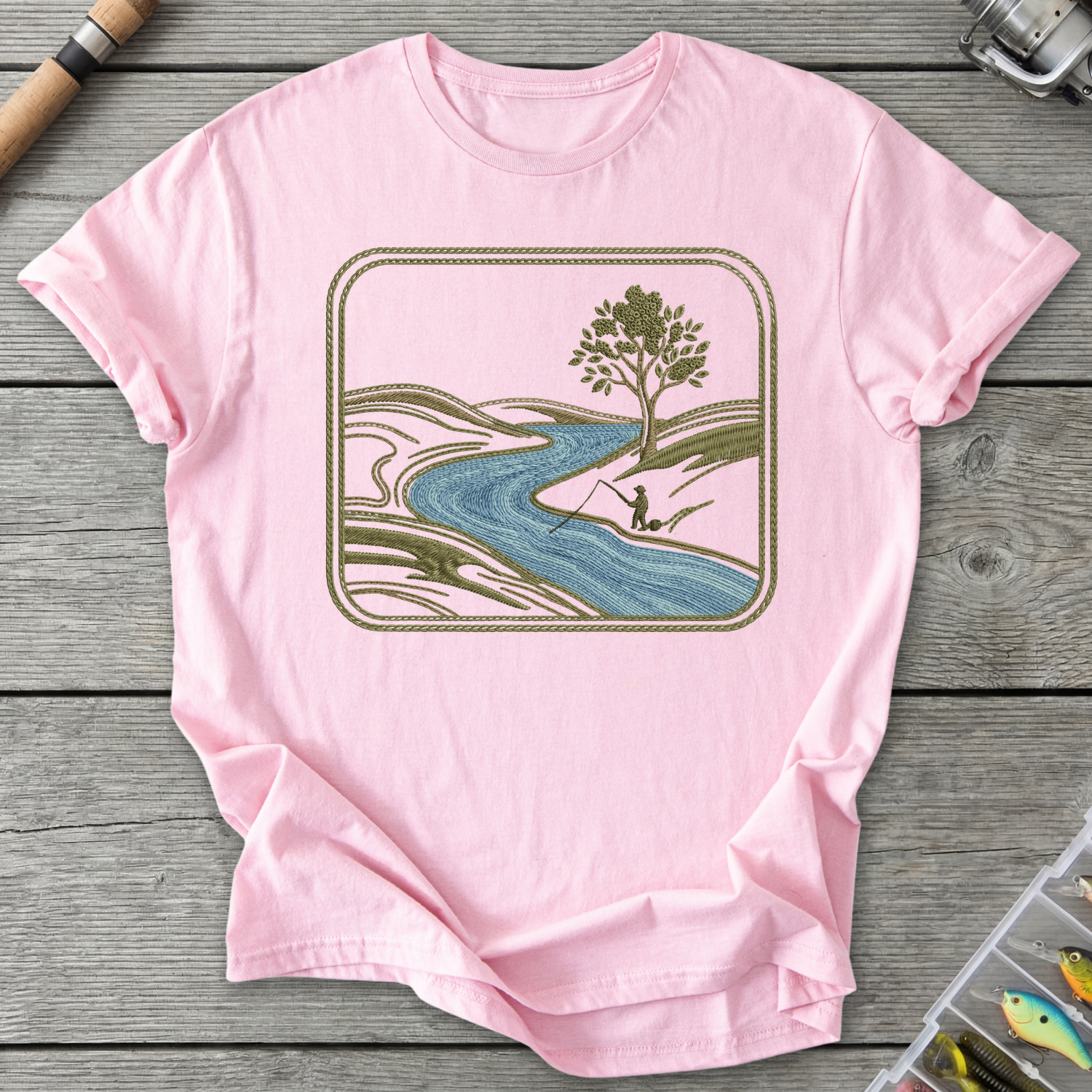 River Fishing Embroidery Patch Style T-Shirt in Light Pink | River Giants Club