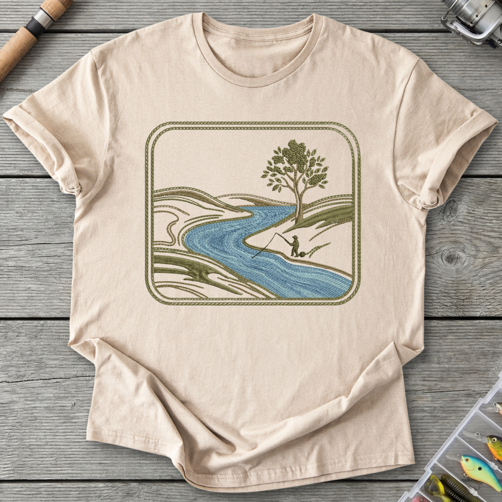 River Fishing Embroidery Patch Style T-Shirt in Sand | River Giants Club