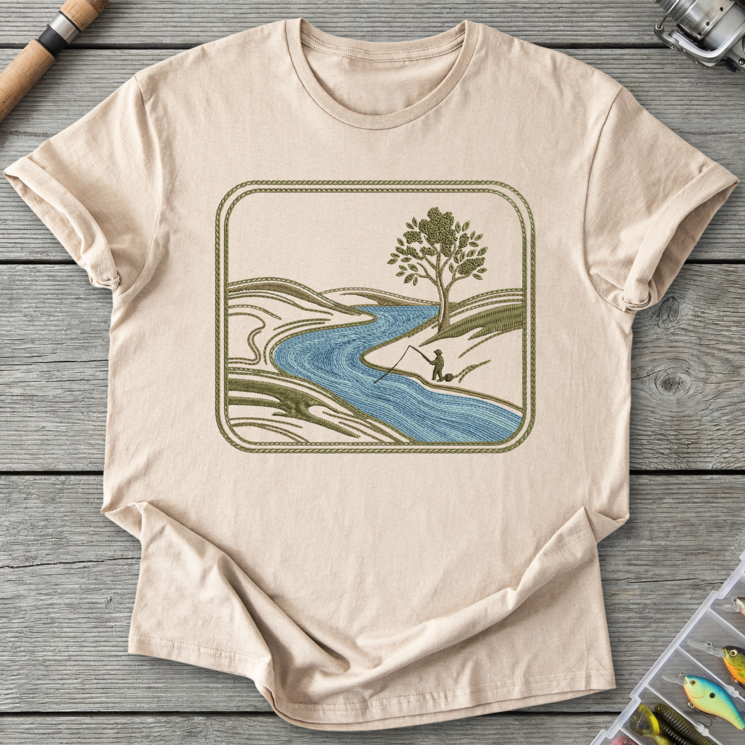 River Fishing Embroidery Patch Style T-Shirt in Sand | River Giants Club