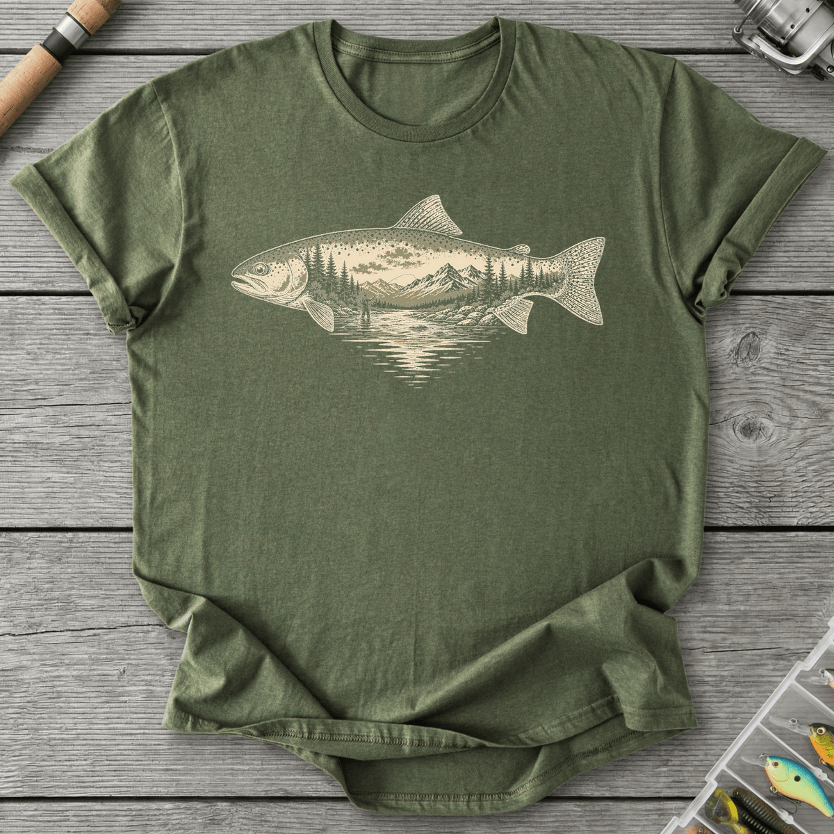River Trout Fishing T-Shirt in Military Green | River Giants Club