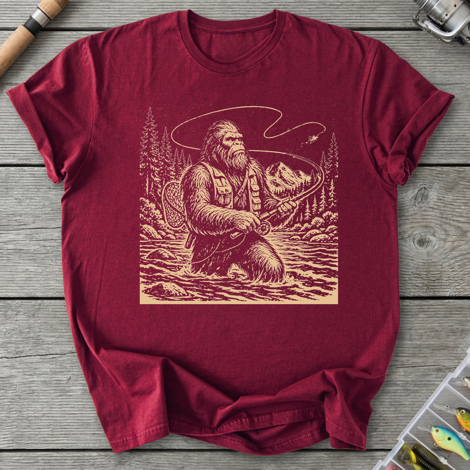 Sasquatch Fly Fishing T-Shirt in Maroon | River Giants Club
