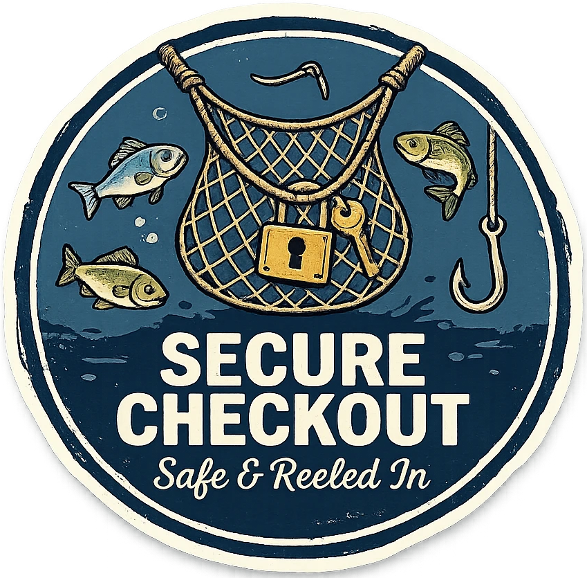 A circular sticker or decal featuring a fishing net, fish, hook, and padlock illustration on a dark blue background, with the text 'SECURE CHECKOUT' and 'Safe & Reeled In'.