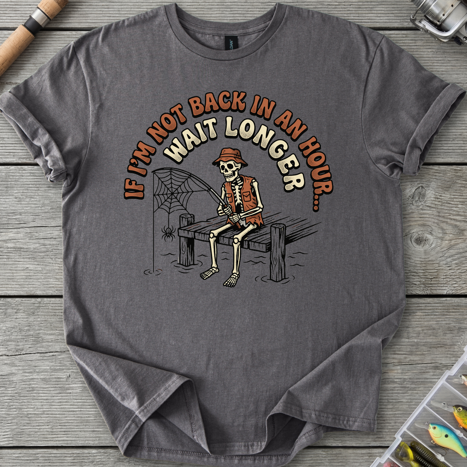 Skeleton Cowboy Fishing Humor T-Shirt in Charcoal | River Giants Club