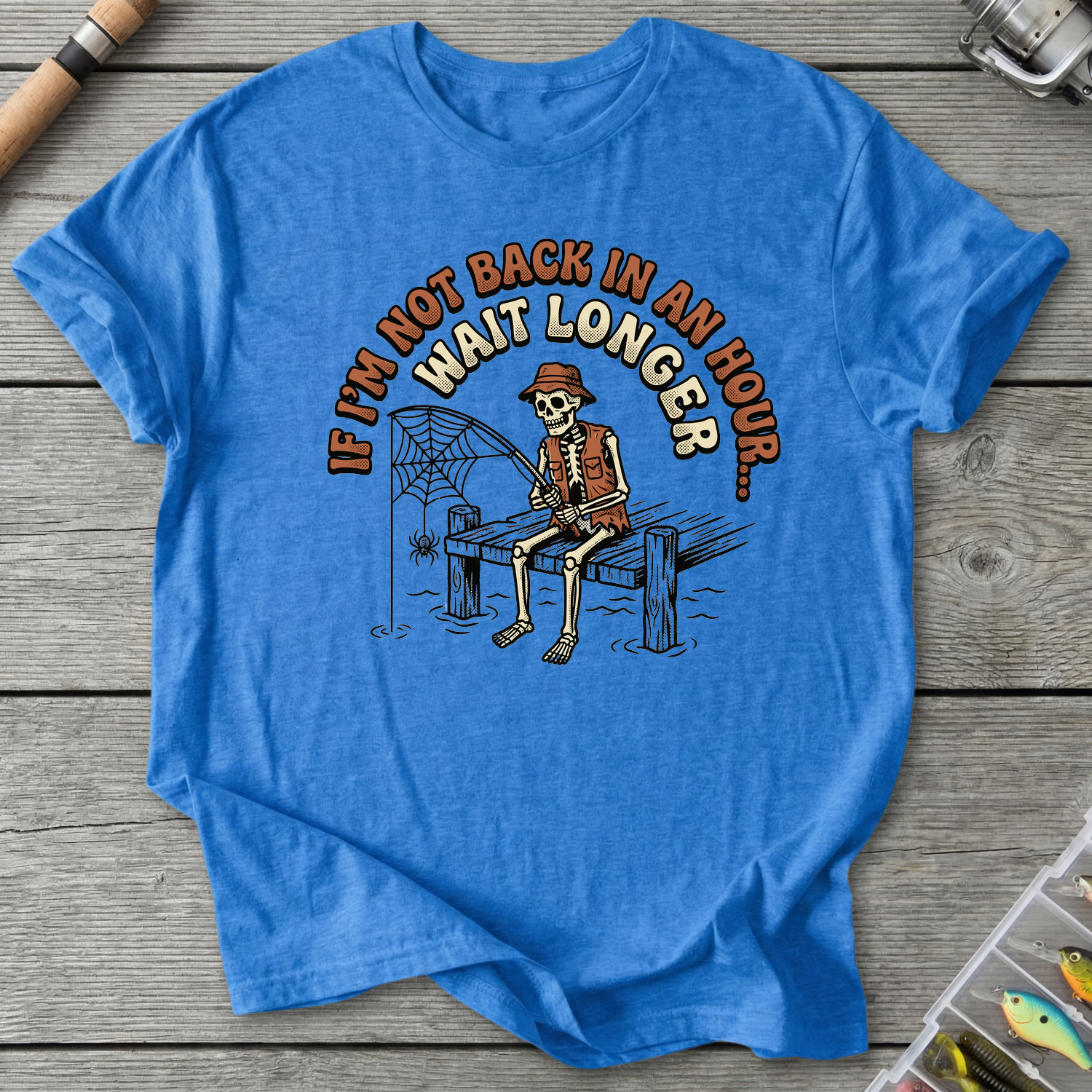 Skeleton Cowboy Fishing Humor T-Shirt in Heather Royal | River Giants Club