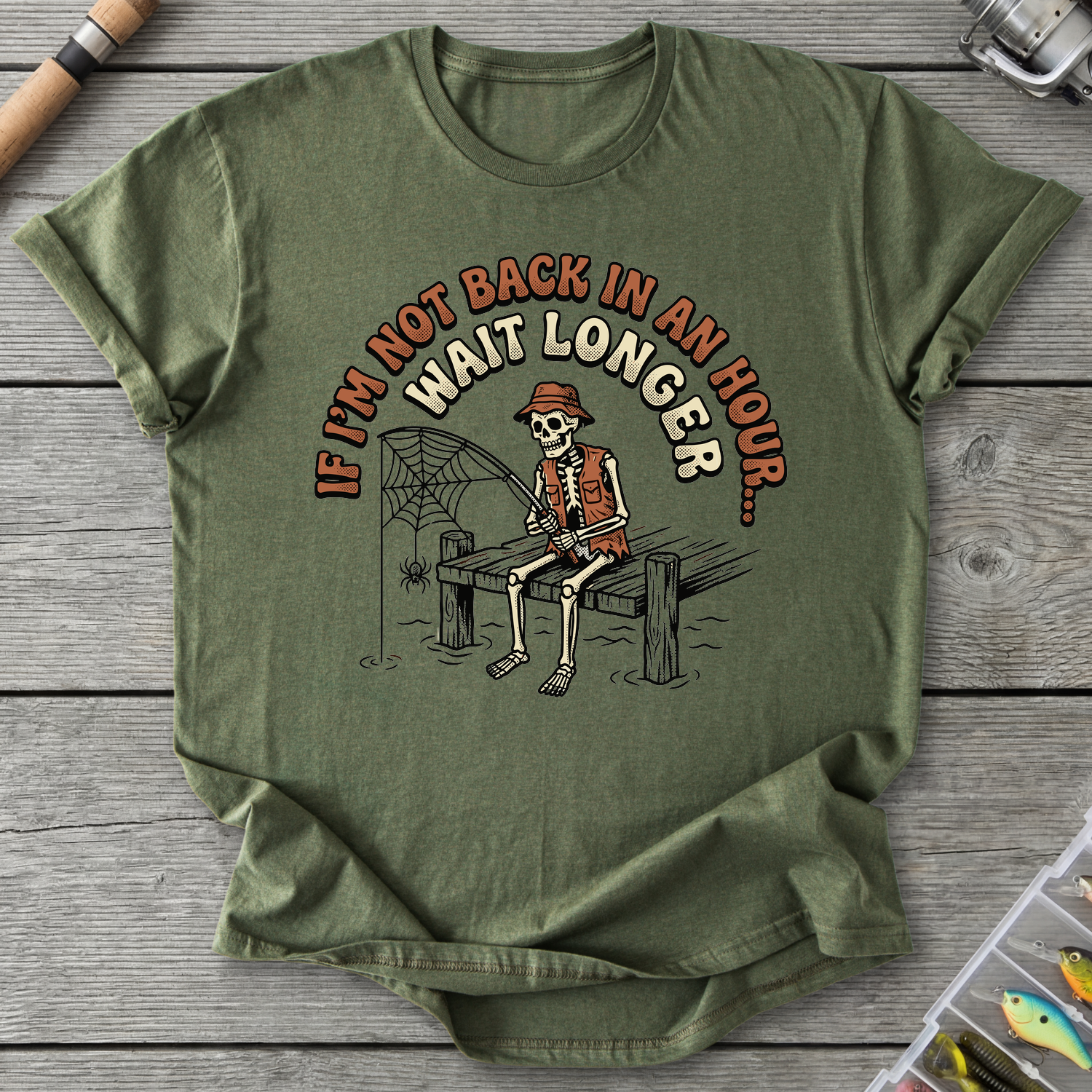 Skeleton Cowboy Fishing Humor T-Shirt in Military Green | River Giants Club