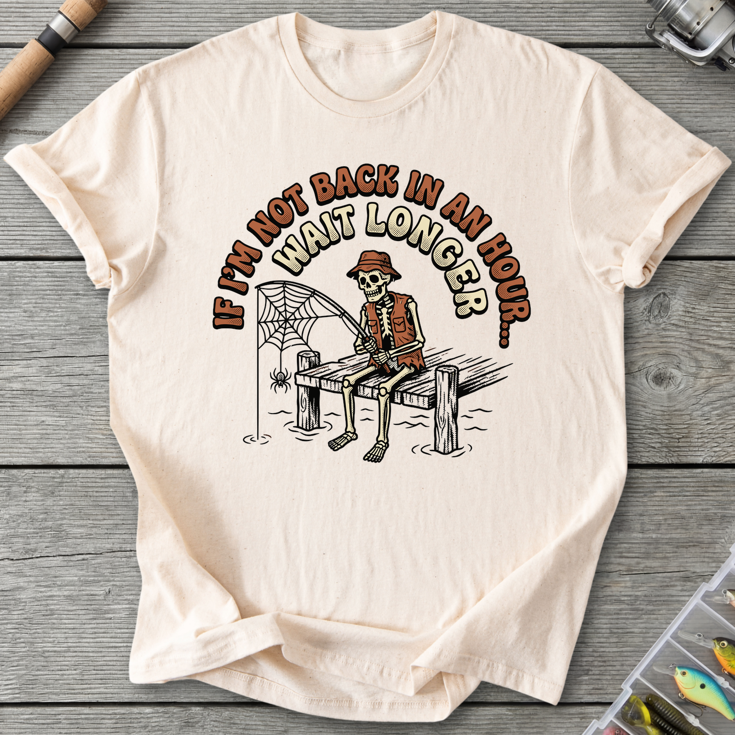 Skeleton Cowboy Fishing Humor T-Shirt in Natural | River Giants Club